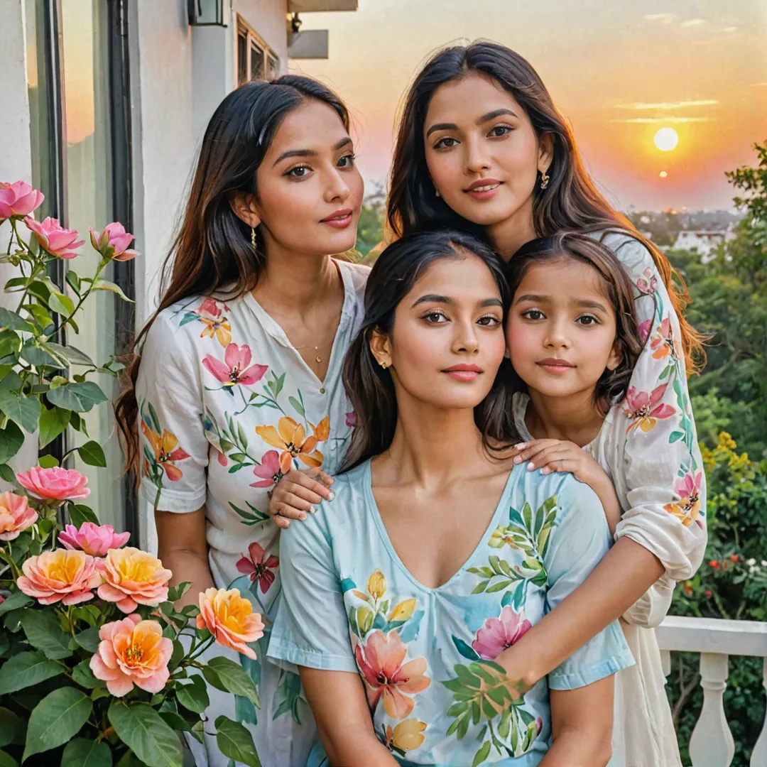 olorful family enjoying the sunset on their balcony, surrounded by lush greenery and blooming flowers