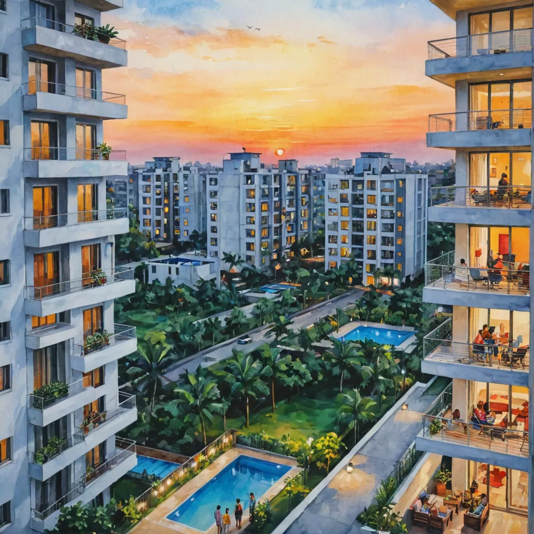 unset view from balcony, modern apartment complex with Alita in the background, vibrant colors, people enjoying evening breeze