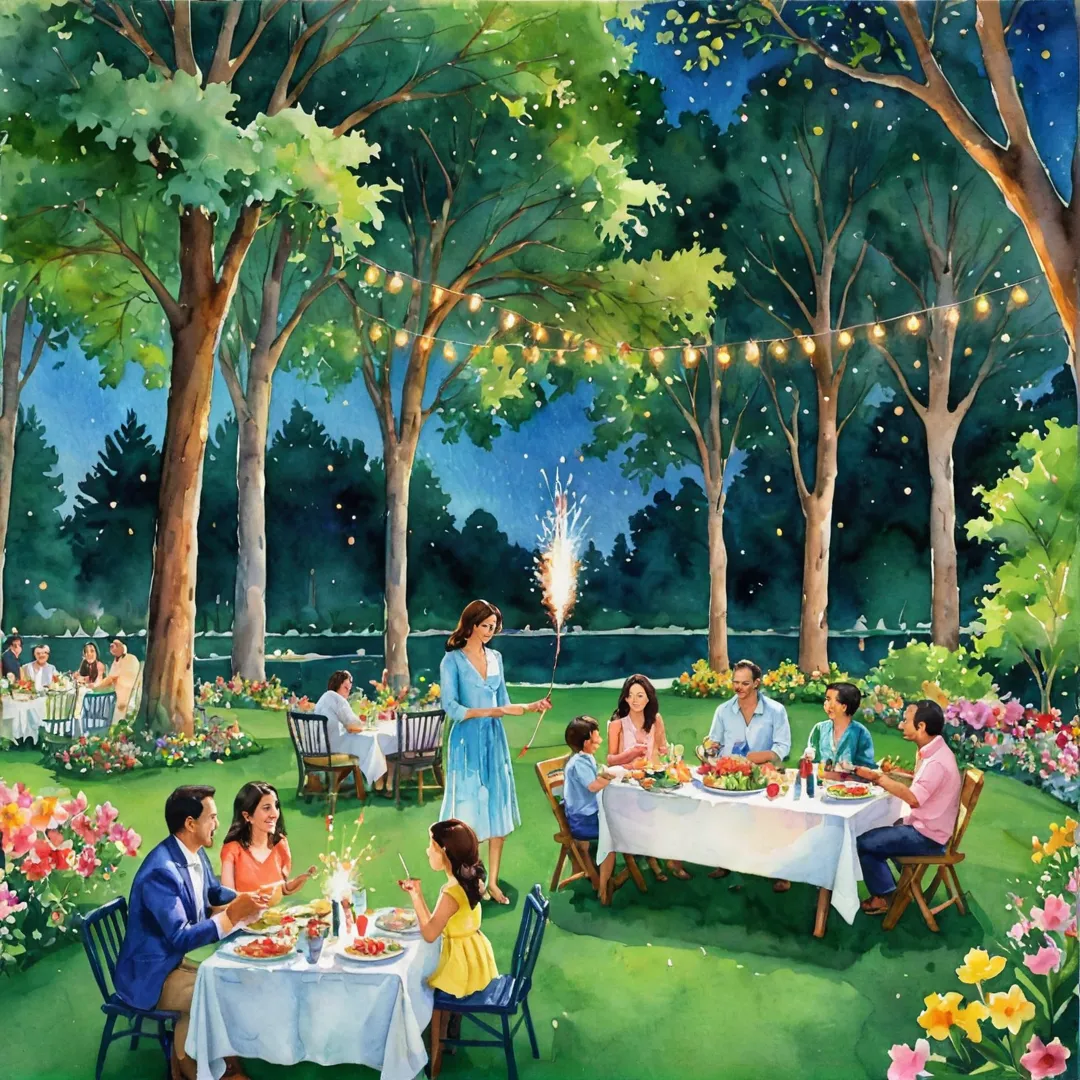 ibrant watercolor painting of a family enjoying an evening celebration on a lush green lawn, surrounded by colorful flowers and towering trees. The scene features children playing with sparklers, while parents chat and laugh under the stars. A long table is set up in the distance, adorned with glowing candles and delicious-looking food, including freshly grilled meats and vegetables, sumptuous salads, and decadent desserts. The air is filled with warmth and laughter as everyone comes together to create unforgettable memories on this enchanting celebration lawn at Alita.