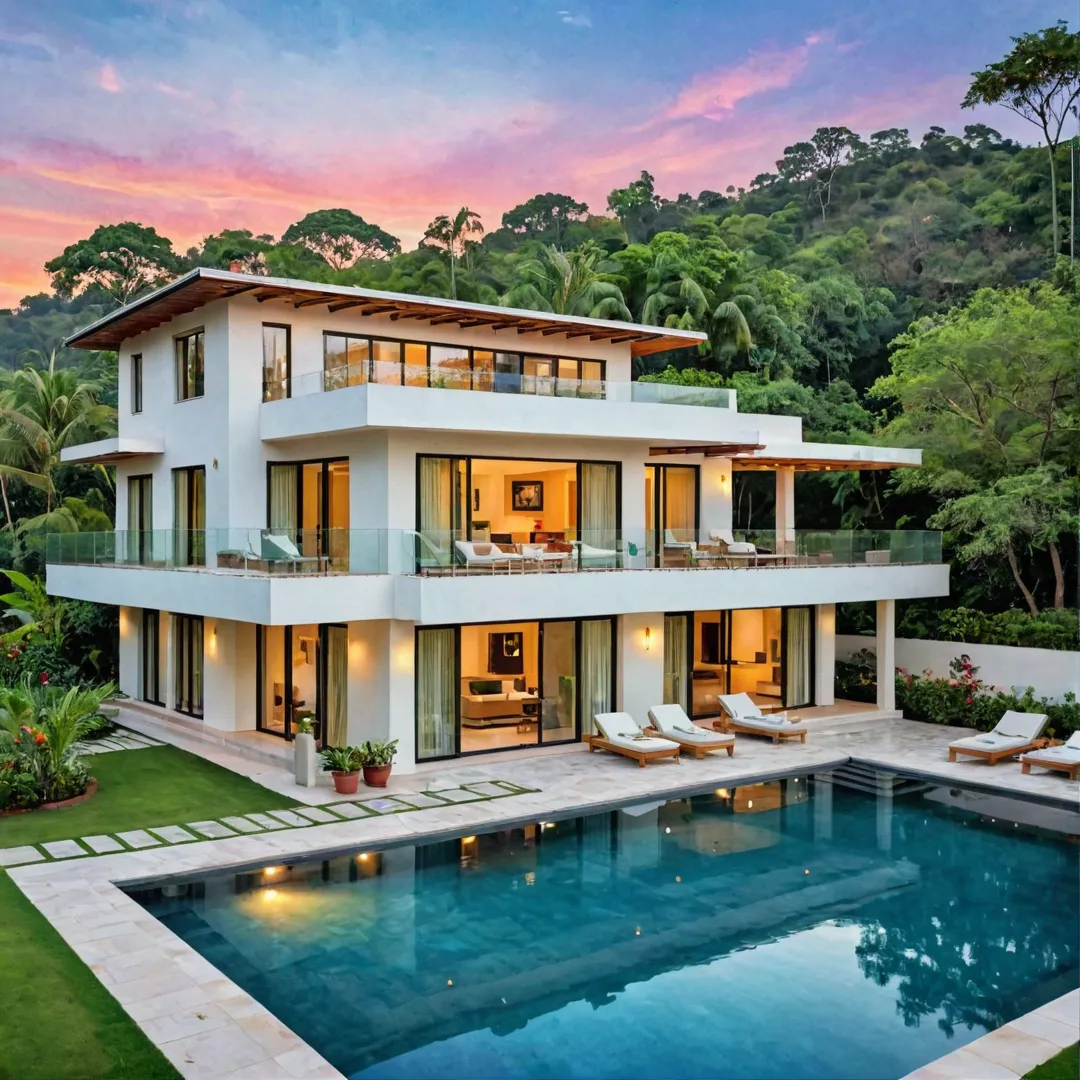 hoto of luxurious villa, nestled in nature, surrounded by greenery, open terrace with pool and lounge area, modern architecture blending seamlessly with natural landscape, peaceful ambiance, sunset colors painting the sky.