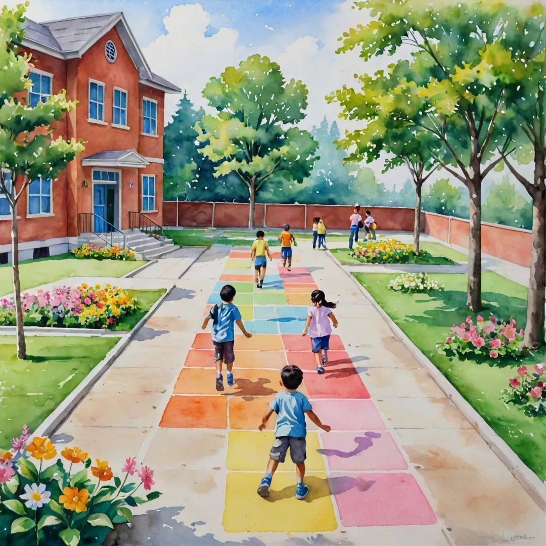 atercolor painting of a vibrant, colorful school playground during recess, filled with children happily playing games like hopscotch and tag, while nearby, teachers interact with them in an encouraging manner. In the background, one can see the school building with its distinct architecture, surrounded by lush greenery and beautiful flowers, creating a serene and inviting atmosphere for learning and growth.