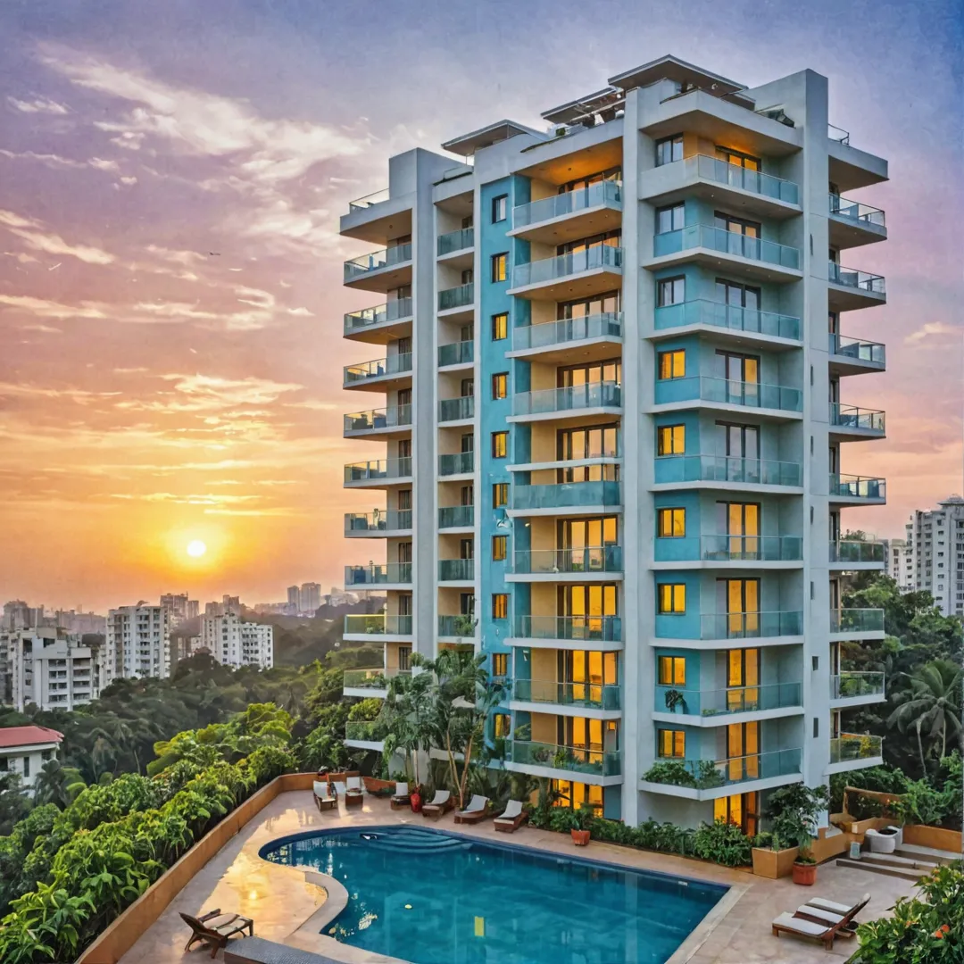 odern apartment building, Bangalore skyline, Alita project, urban lifestyle, luxurious living, high-rise structure, balcony, poolside view, vibrant colors, greenery, sunset