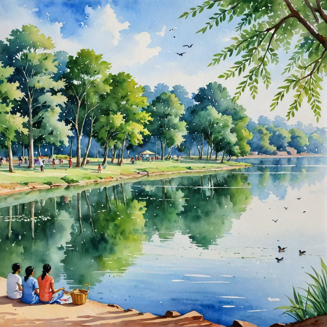 erene watercolor painting of Kacharakanahalli Lake, featuring the vibrant greenery and tranquil waters surrounding Alita, with a few residents enjoying leisurely activities such as picnicking or taking a stroll along the lake's edge. The gentle breeze rustles the leaves while birds fly overhead, adding to the peaceful ambiance of this idyllic setting.