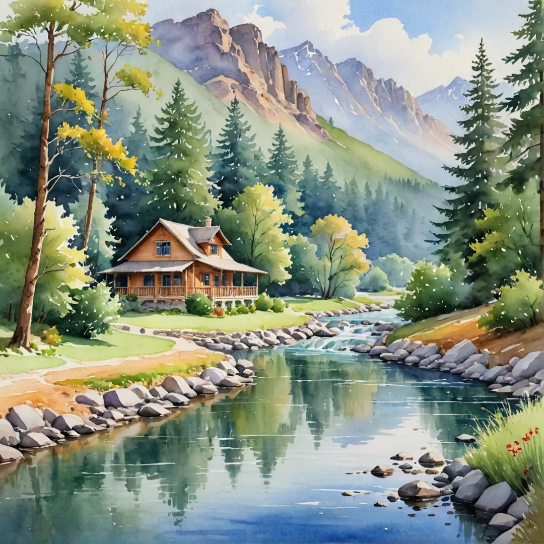 ranquil haven watercolor painting, serene landscape, lush greenery, flowing river, gentle breeze, open sky, cloudless day, majestic mountains, cozy cottage, rustic charm, warm colors, inviting atmosphere