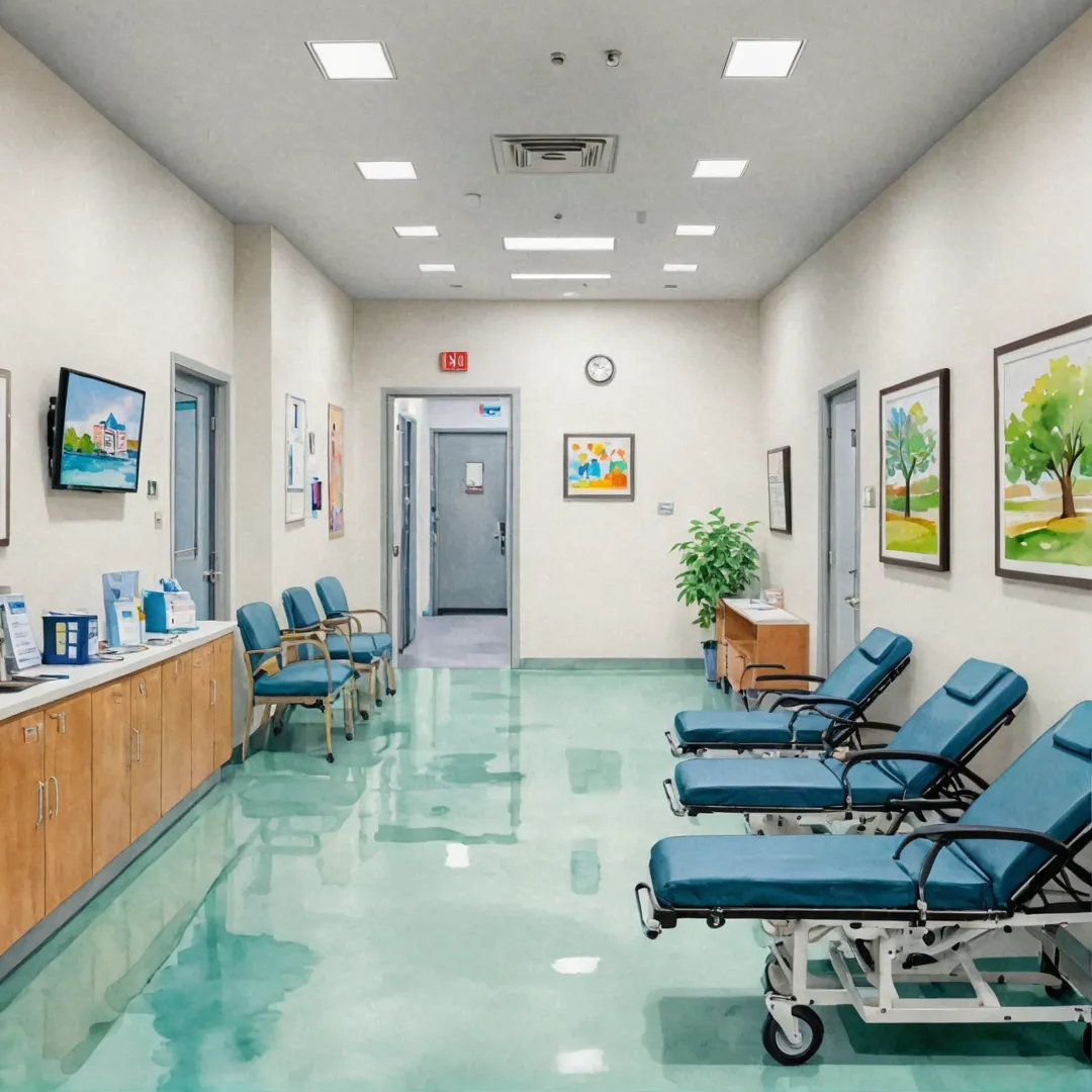 eighborhood hospital, healthcare services, medical attention, doctors office, modern facility, patients waiting area, ambulance outside, emergency room