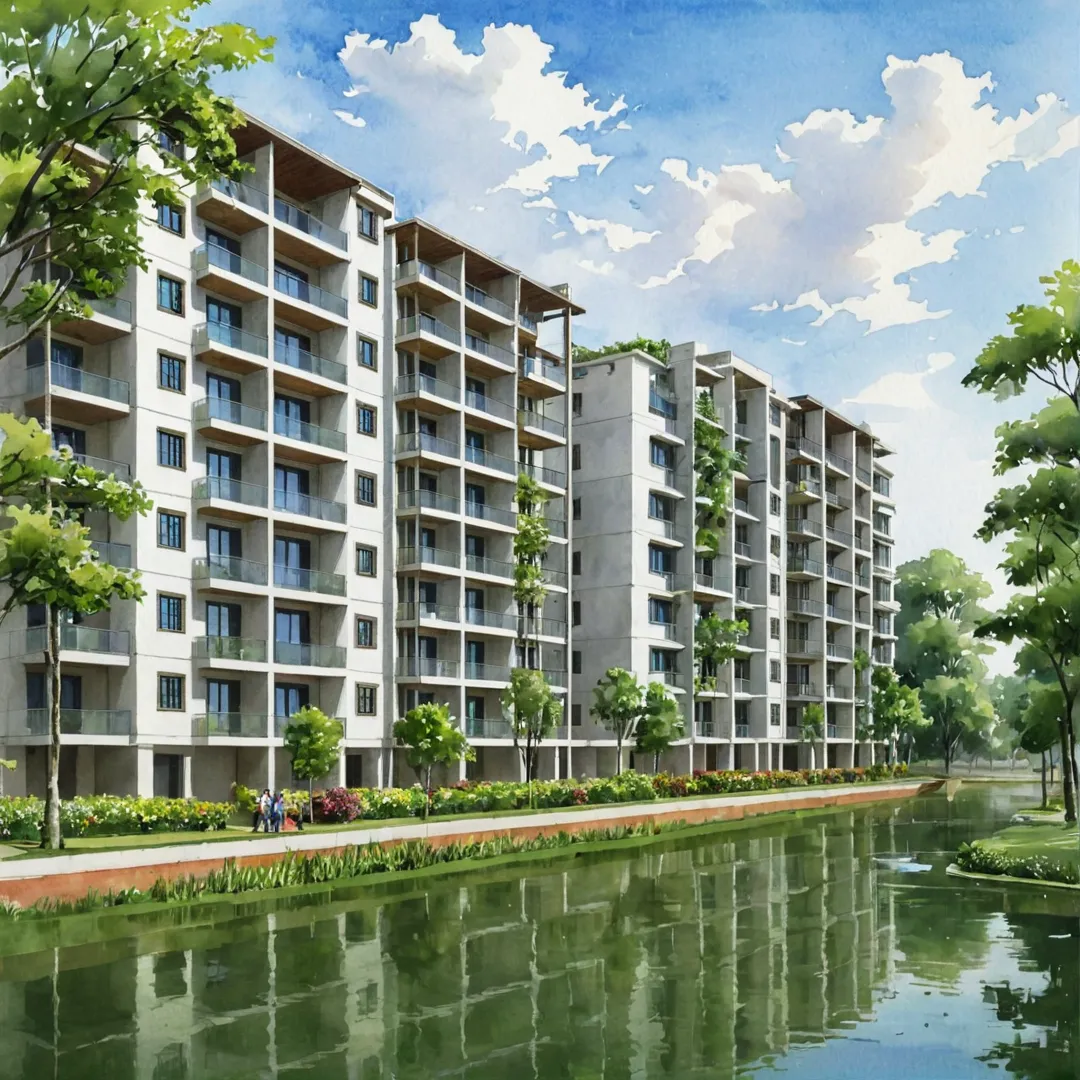 rompt: Elegant residential complex, Kacharakanahalli lake, lush greenery, modern architecture, luxurious apartments, Bangalore skyline, Rajakaluve canals, serene atmosphere.