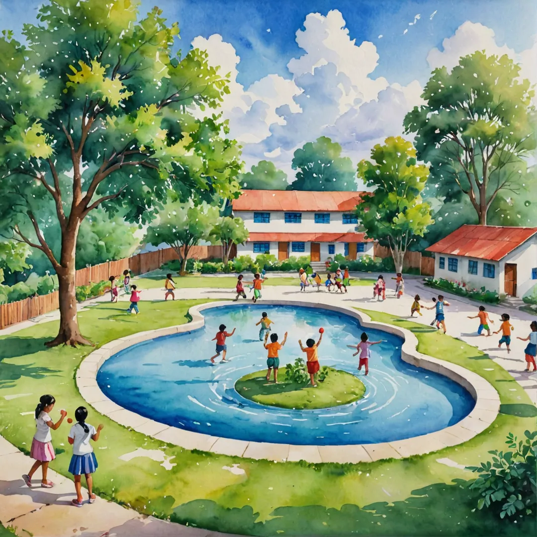 ater color painting of a vibrant and serene schoolyard, surrounded by lush greenery. The scene features children playing various games, laughing and exploring their surroundings. In the background, there is a beautifully painted mural on the wall depicting traditional Indian art. The sky above is filled with fluffy white clouds, casting soft shadows over the play area.