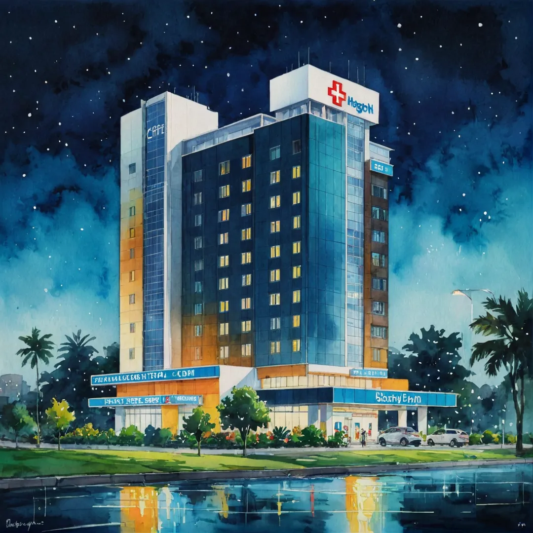 igh detailed image, hospital building exterior at night, modern architecture, well-lit, neon signs, Bangalore cityscape in the background, vibrant colors, sleek design