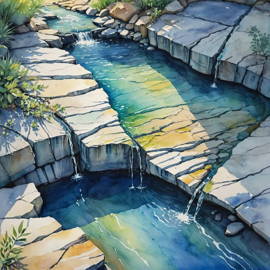 atercolor painting of a serene underground aquifer, showing layers of rock with tiny streams of water flowing through them, the colors graded from deep blues to light greens and yellows, dimly lit by sunlight filtering through cracks in the surface above, a sense of peace and tranquility permeates the scene.