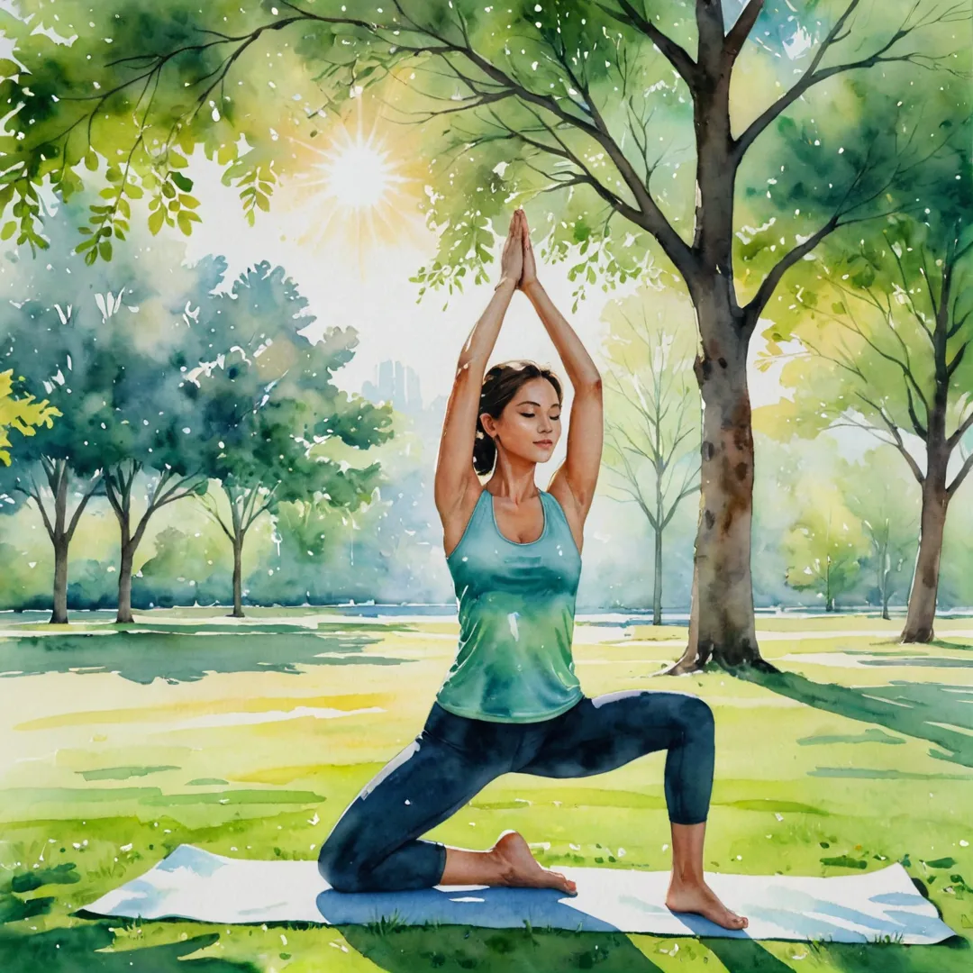 erson doing yoga in a park, green grass, trees, sunlight streaming through branches, peaceful atmosphere