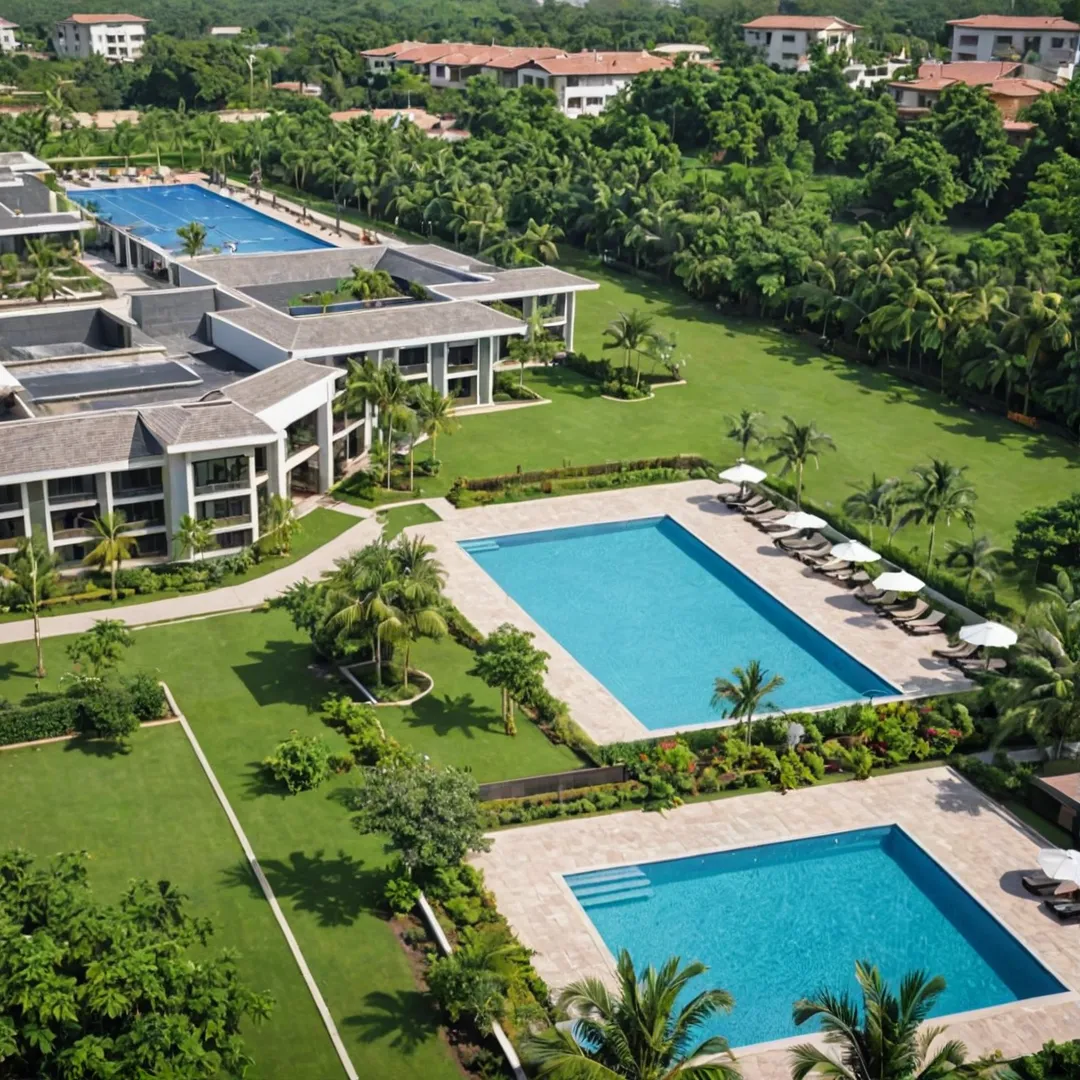 hoto of beautifully landscaped area with open spaces, community building, and outdoor amenities like swimming pool, badminton court, and shared workspace lounge. The landscape features natural elements harmoniously integrated into the design, highlighting the practicality and aesthetic appeal of Alita's masterplan.