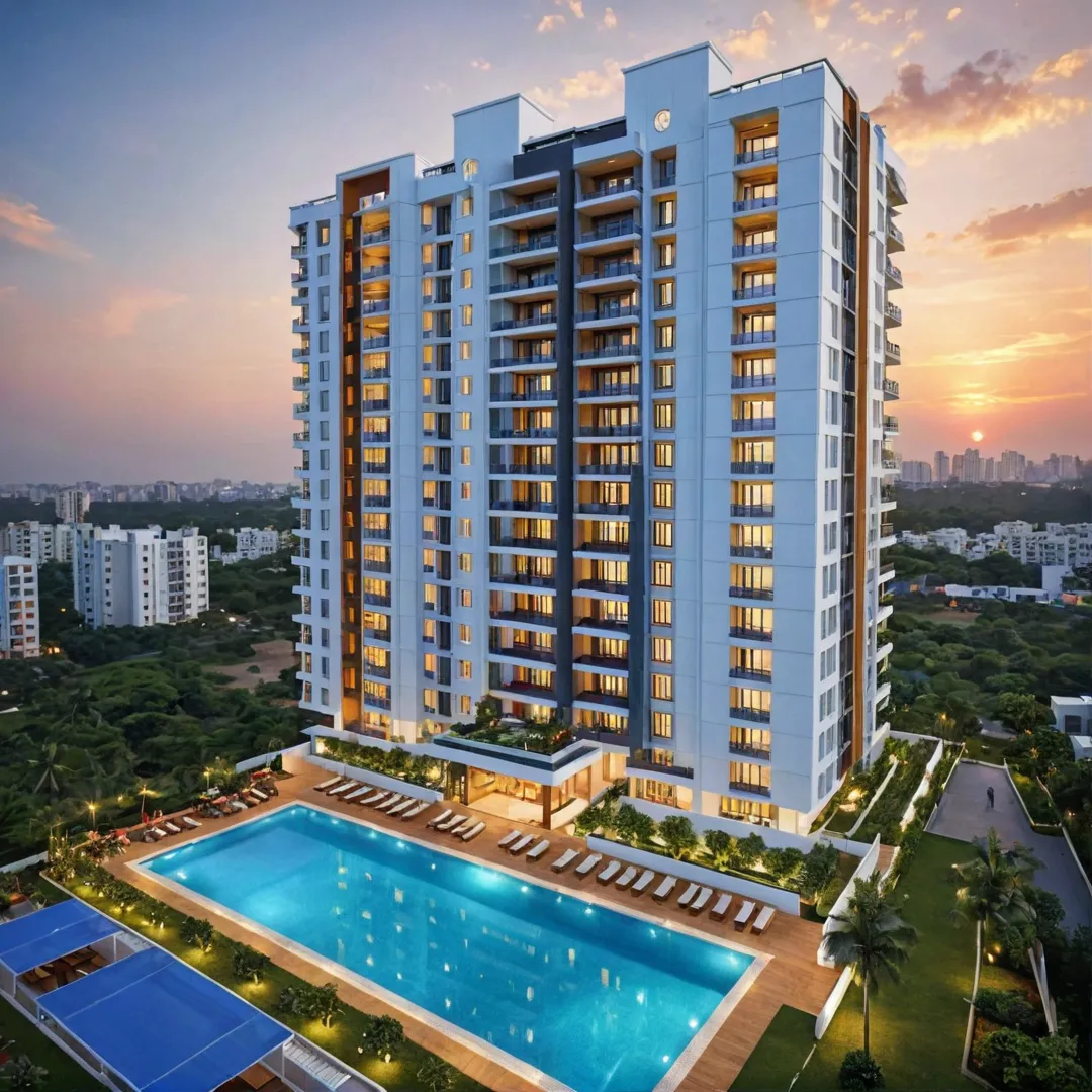 igh detailed, realistic 3D render, luxurious apartment complex, Alita project, Bangalore East area, modern architecture, skyline view, cityscape, sunset, vibrant colors, warm lights