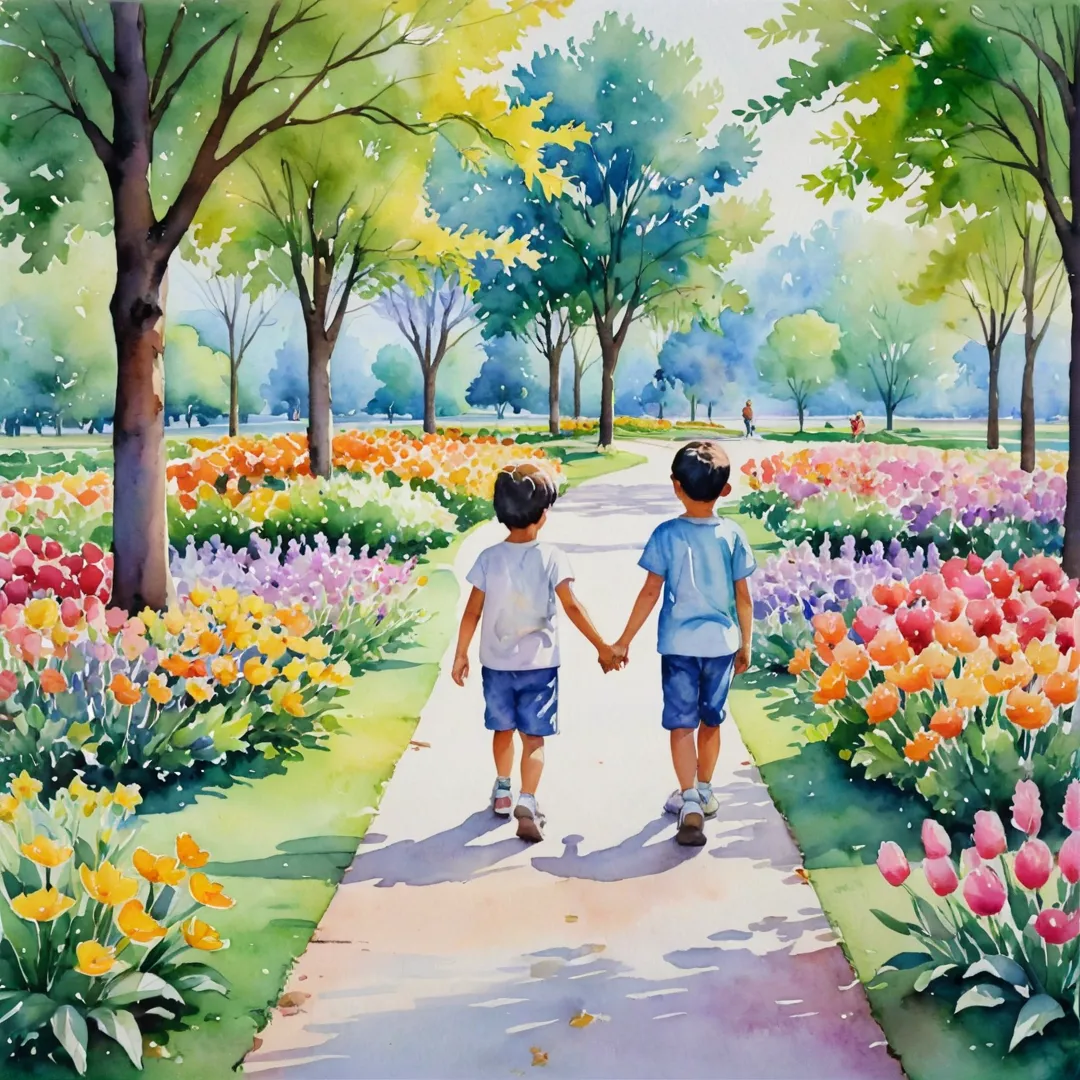 hildren walking in the park surrounded by colorful flowers and trees, a watercolor painting depicting a serene and beautiful environment.