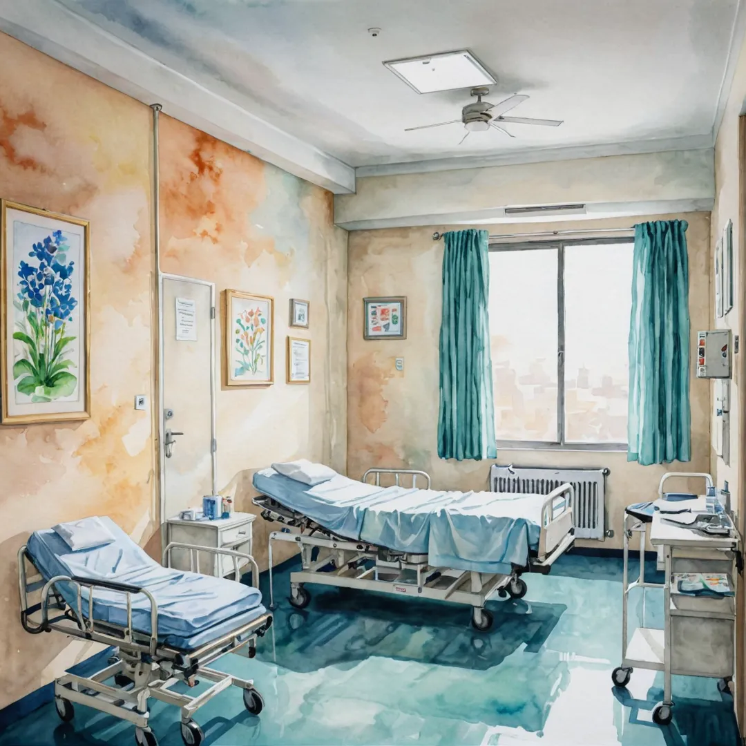 ealthcare facility, hospital room, medical staff, patient care, watercolor painting