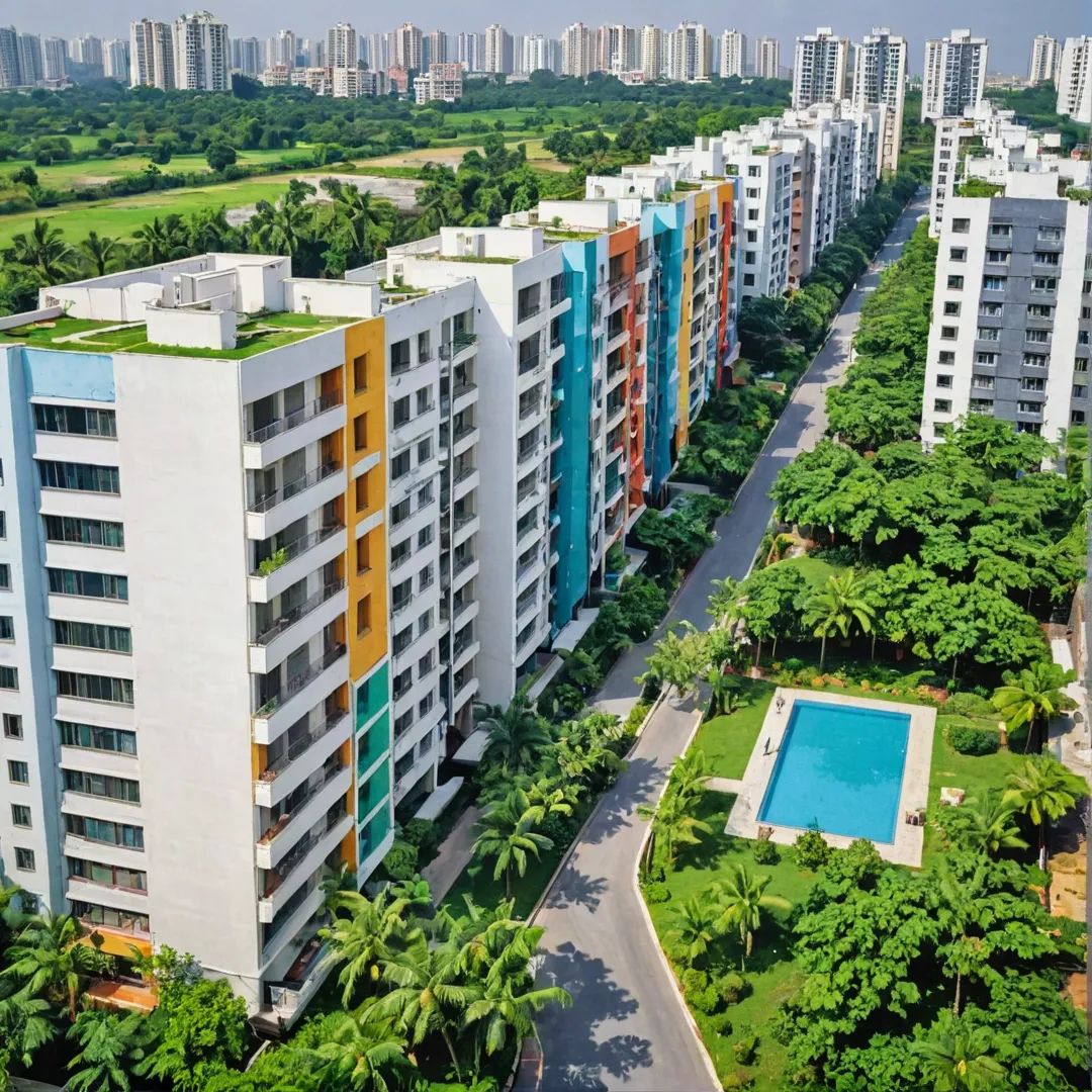 hoto of a modern residential neighborhood, vibrant colors, greenery, high-rise buildings, IT hub proximity, accessibility, convenience