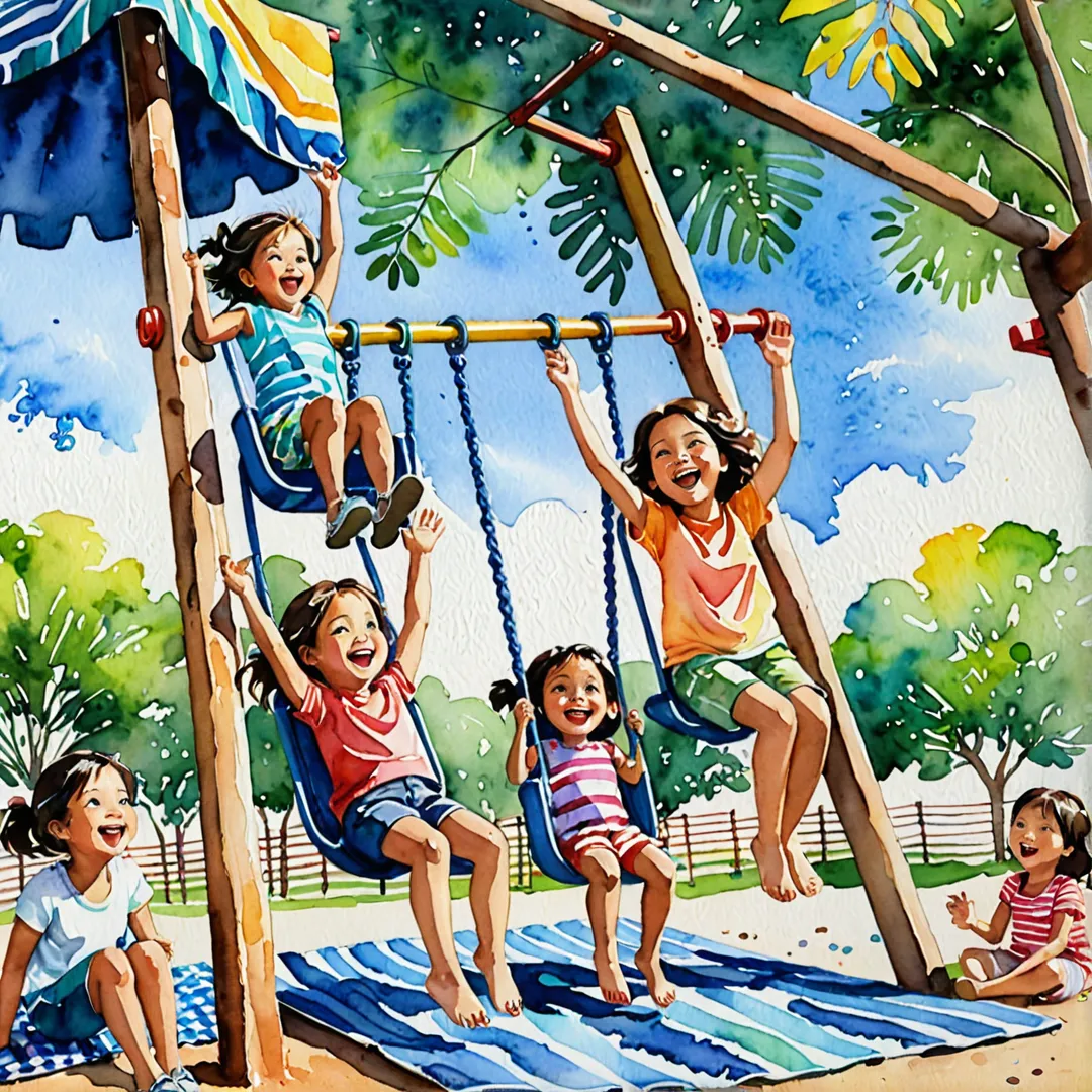 ter color painting of a vibrant, sunny day at Alita's playground. Children laughing and playing together with joyful expressions on their faces as they climb up the jungle gym and swing high in the sky. A group of parents sitting nearby on brightly colored picnic blankets, chatting and sharing stories while keeping an eye on their little ones.