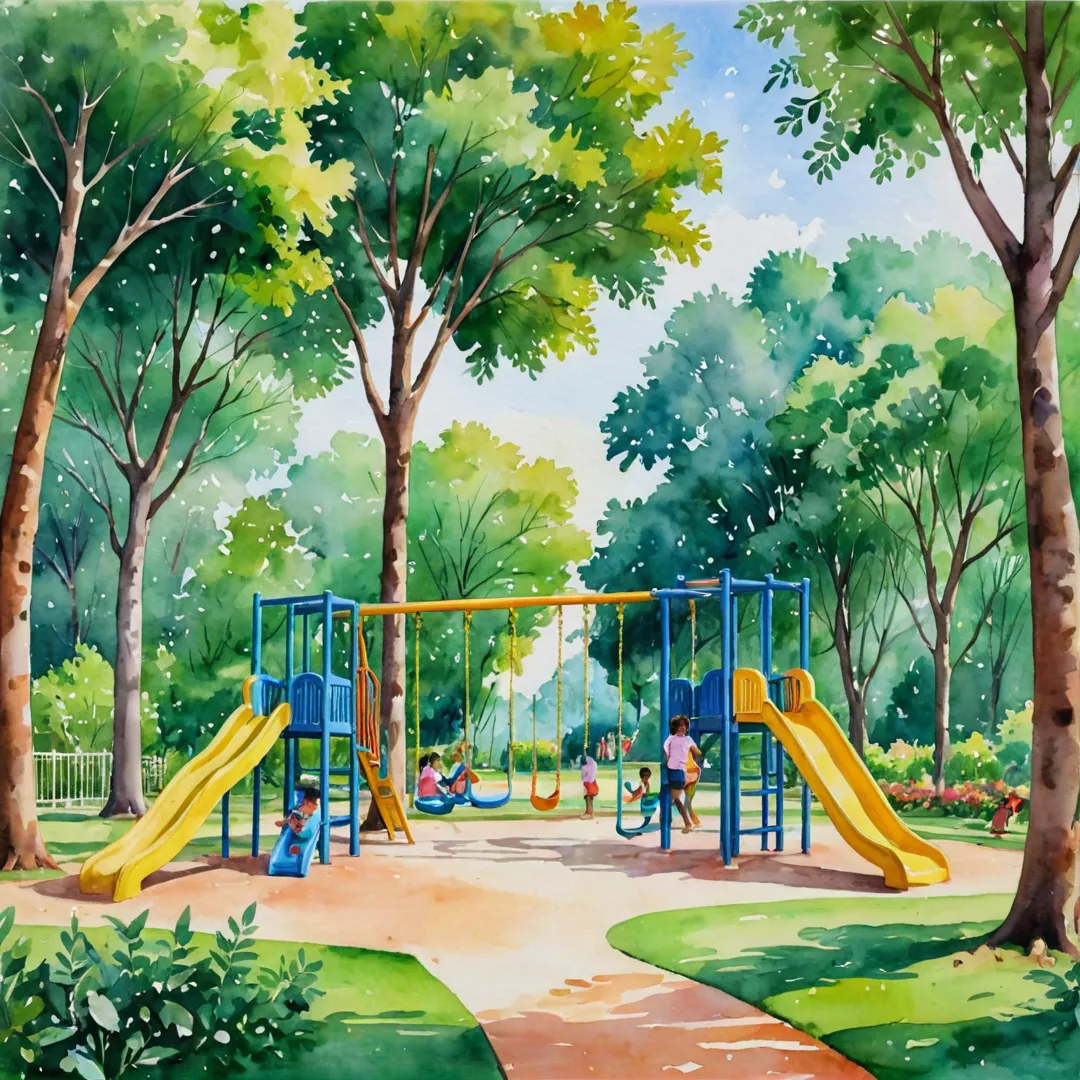 hildren playing in a colorful park with swings and slides, surrounded by lush greenery and tall trees.