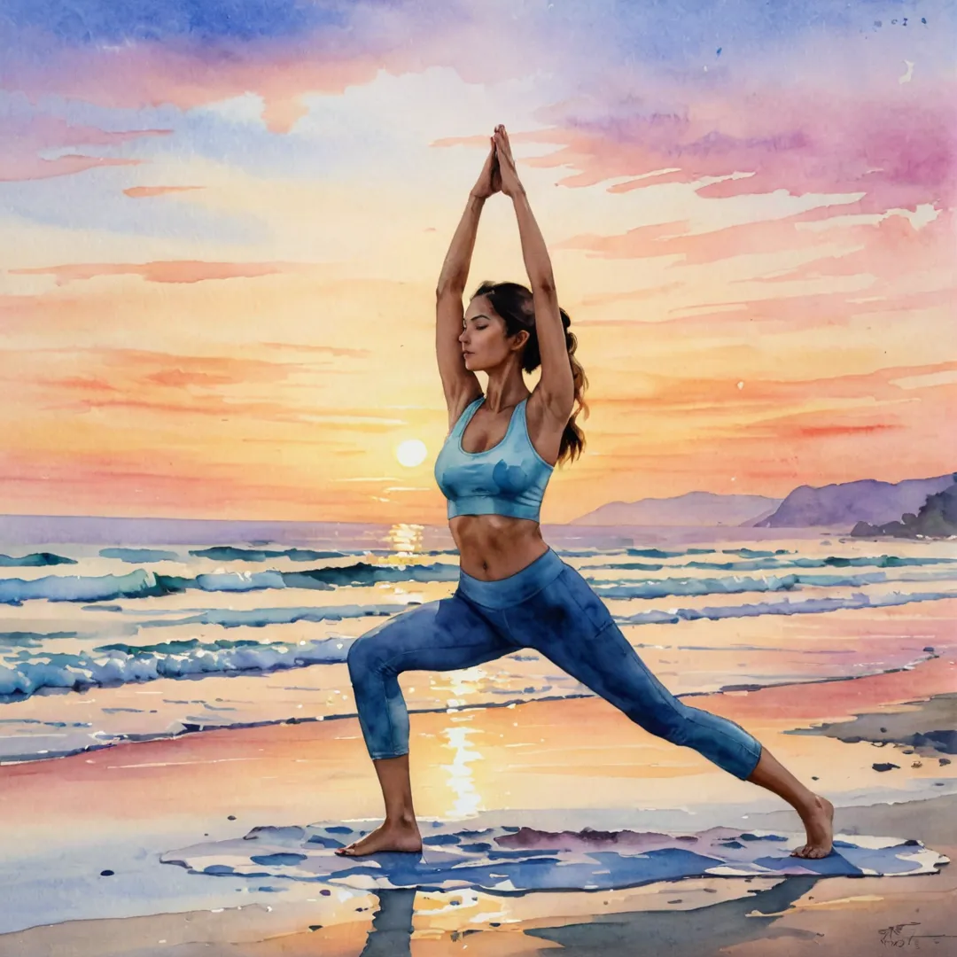  woman practicing yoga on a beach with a beautiful sunset in the background.