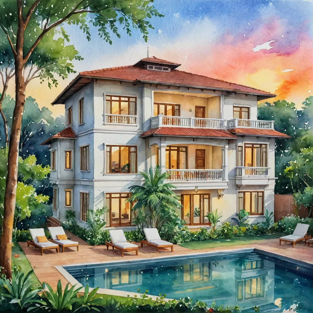 eautifully crafted watercolor painting of a luxurious villa in East Bangalore, nestled among lush greenery and illuminated by the warm glow of sunset. The image showcases an idyllic scene of serenity and comfort, capturing the essence of the exclusive Alita community.