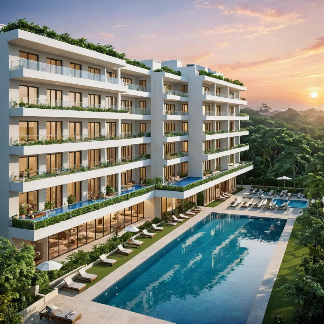 etailed render of a modern, luxurious apartment complex with expansive open spaces and lush greenery. The architecture features sleek lines, large windows, and balconies offering breathtaking views of Bangalore's bustling tech hub. Residents are seen relaxing in the outdoor pool area, taking advantage of the clubhouse amenities, or socializing on one of the many terraces. The setting sun casts a warm glow over the vibrant community, highlighting its serene yet dynamic atmosphere.