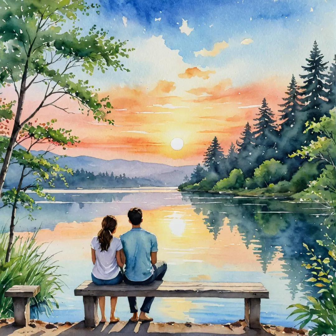 atercolor painting of a serene lake view from Alita, with lush greenery surrounding the peaceful water body. The scene features two people - a man and a woman - sitting on a bench near the edge of the lake, enjoying each other's company while taking in the stunning landscape. The sky is painted with warm colors, reflecting the beautiful sunset behind them.