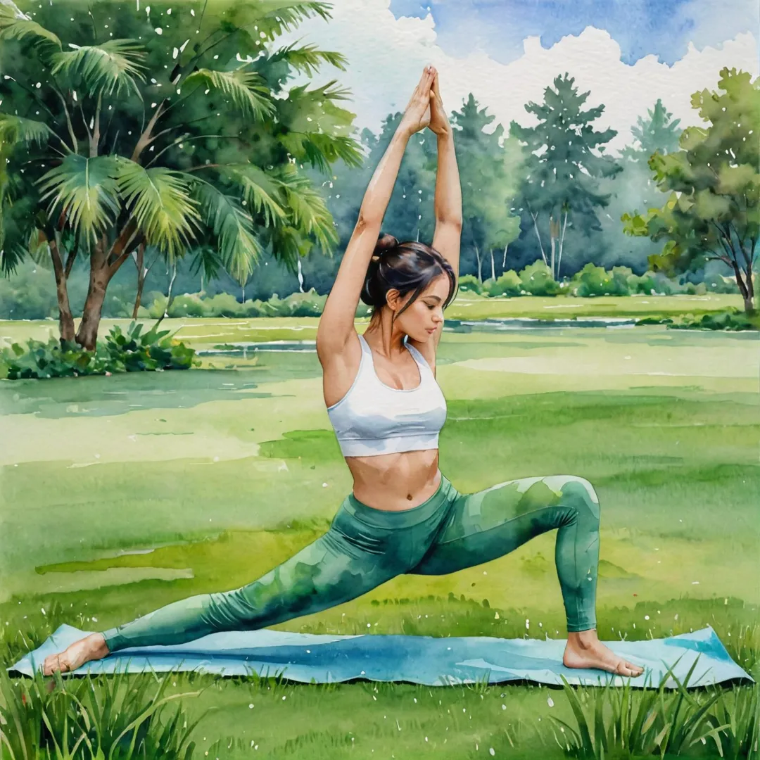 oga pose, green grass, watercolor painting style, serene environment, Alita community, balance, tranquility