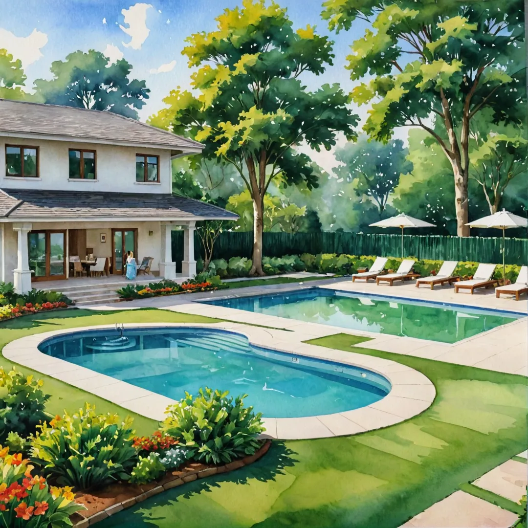 ivid watercolor painting of a serene residential neighborhood, featuring Alita's meticulously crafted landscape seamlessly integrated with natural beauty and essential amenities. The scene depicts a family enjoying the picturesque surroundings, with kids playing in the grassy areas while parents relax on comfortable outdoor furniture under shady trees. In the background, one can see an inviting swimming pool, a badminton court, and a state-of-the-art clubhouse that exudes modern convenience and luxury living.