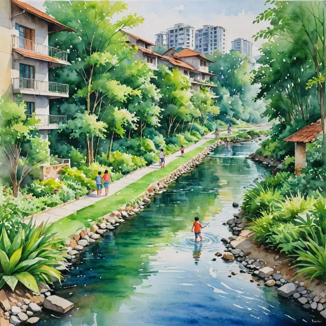 atercolor painting of a family enjoying the lush greenery and clear stream, surrounded by eco-friendly buildings with recycling facilities