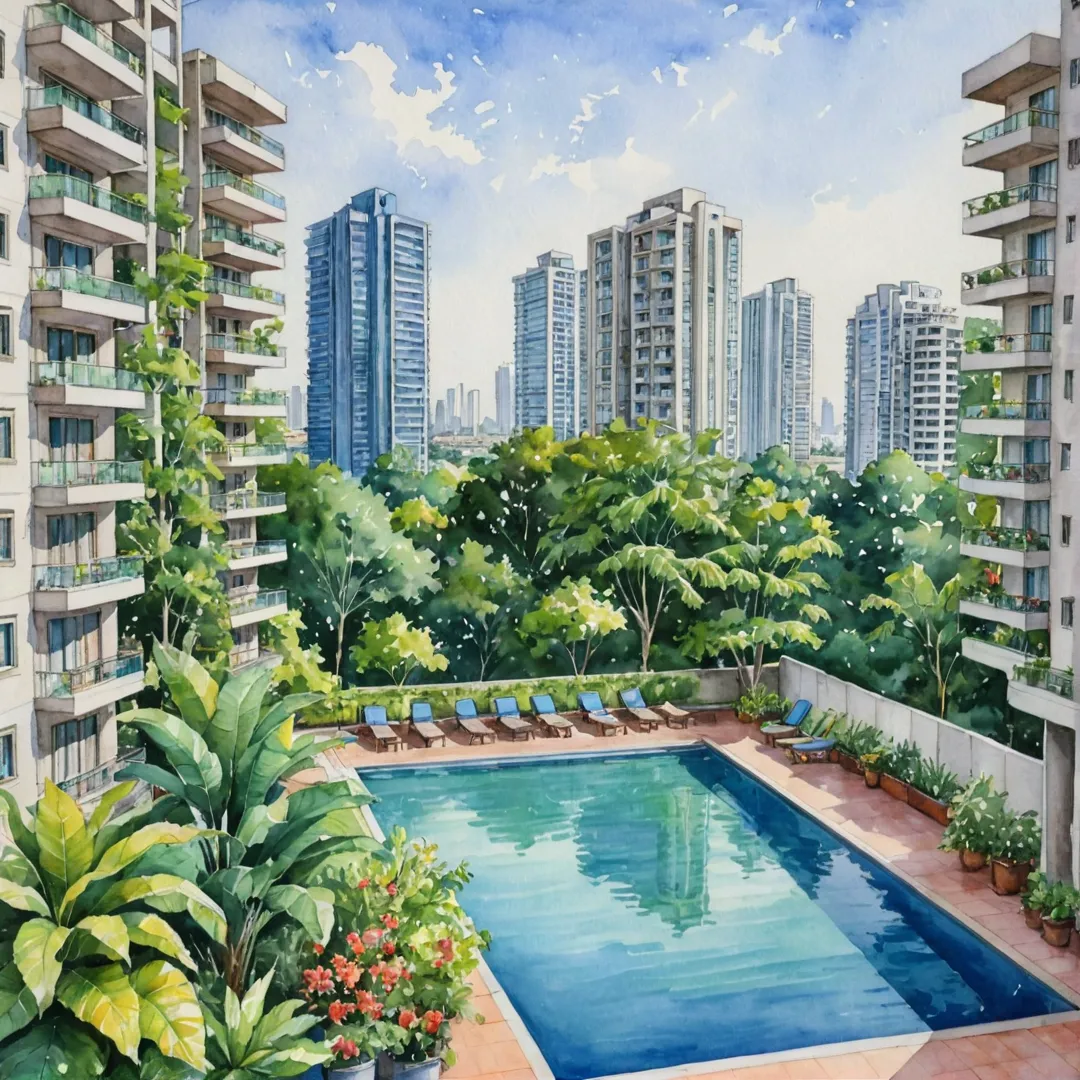 atercolor painting of a modern residential complex with lush greenery, bright colors, and inviting open spaces in the foreground, while the background showcases a bustling city skyline with tall buildings and skyscrapers. The image should convey a sense of serenity and convenience, highlighting the balconies, swimming pool, and other amenities.