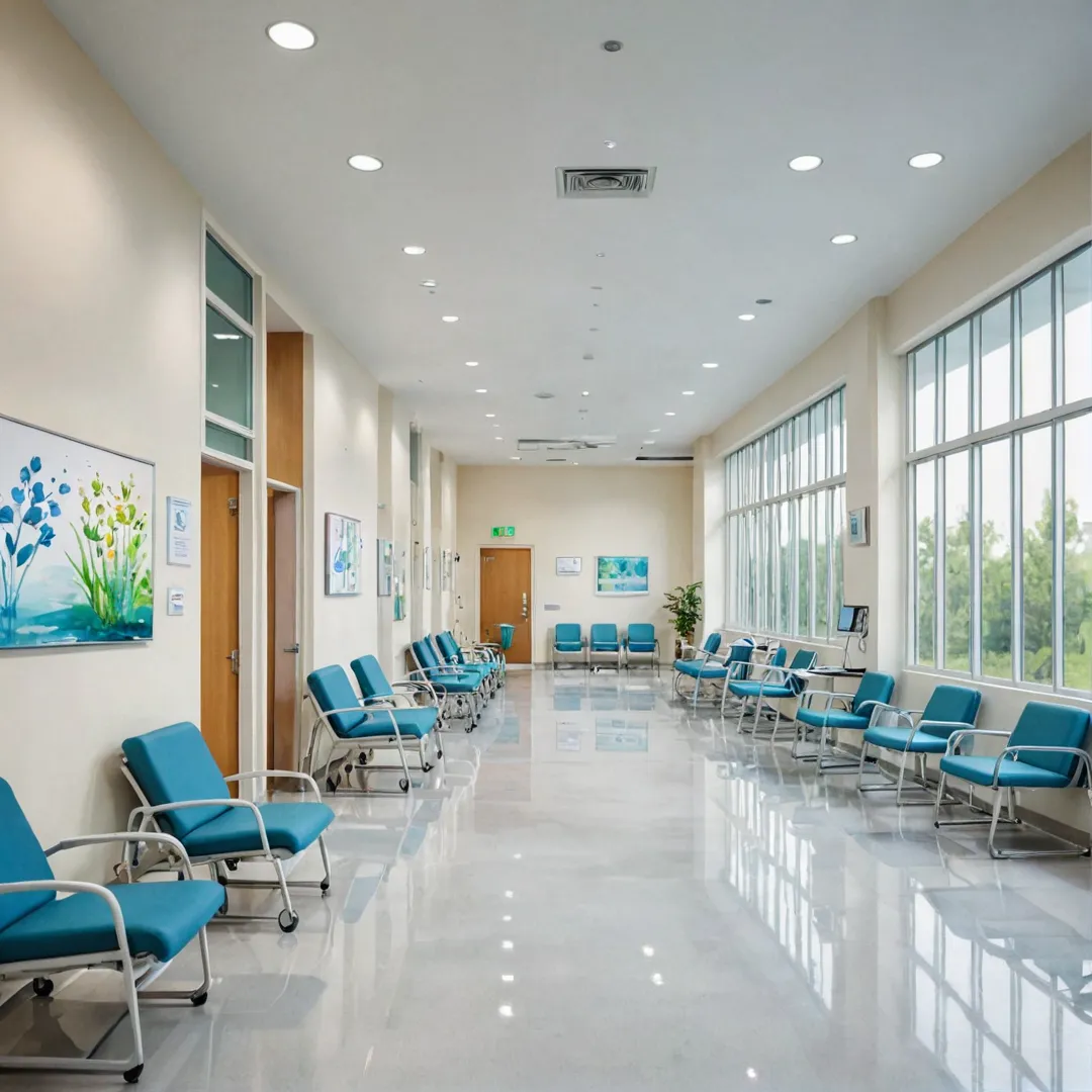 odern hospital interior, sleek design, high-tech equipment, patients waiting area, medical staff attending to patients, peaceful atmosphere