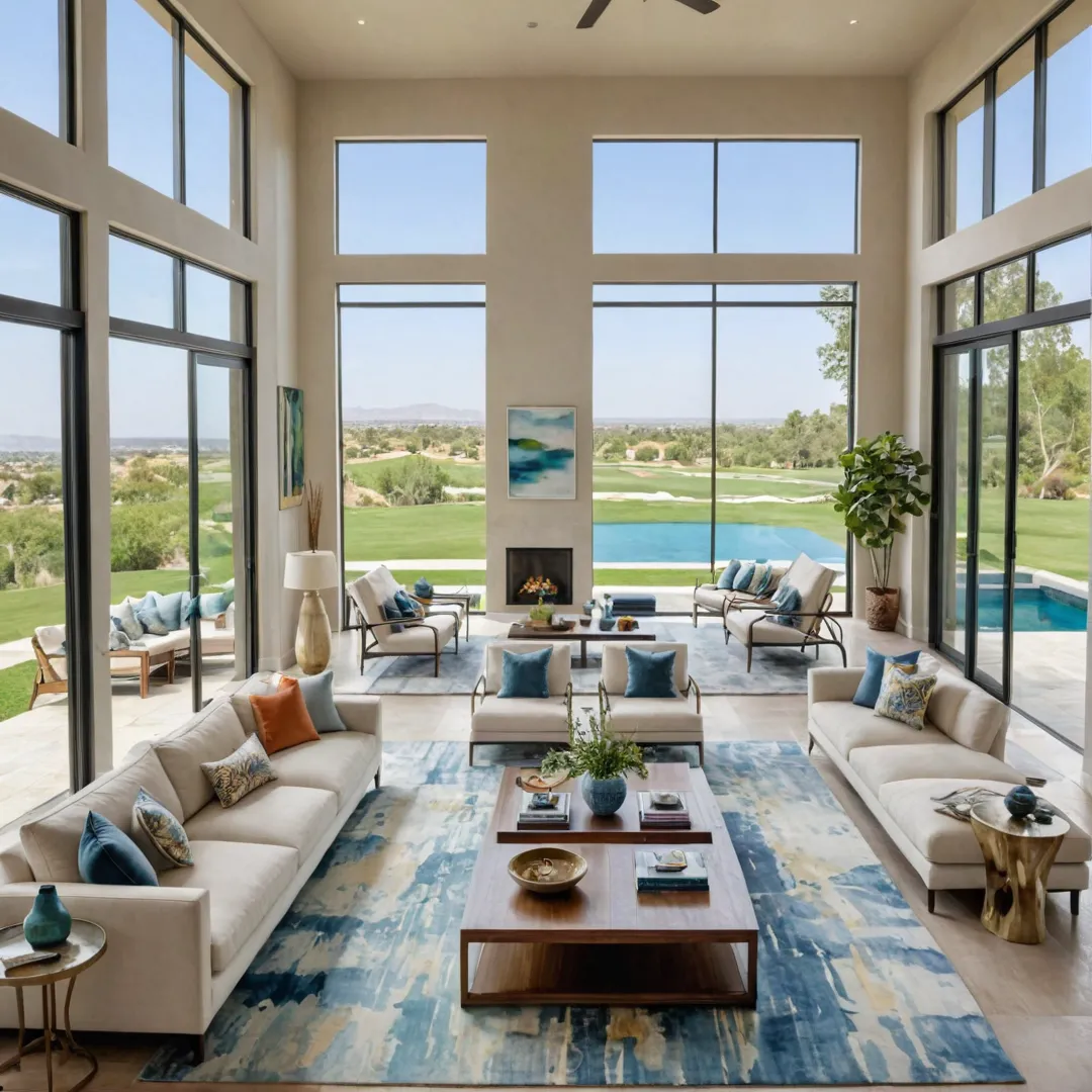 legant luxury living space with modern furnishings, high ceilings, and floor-to-ceiling windows overlooking a serene landscape.