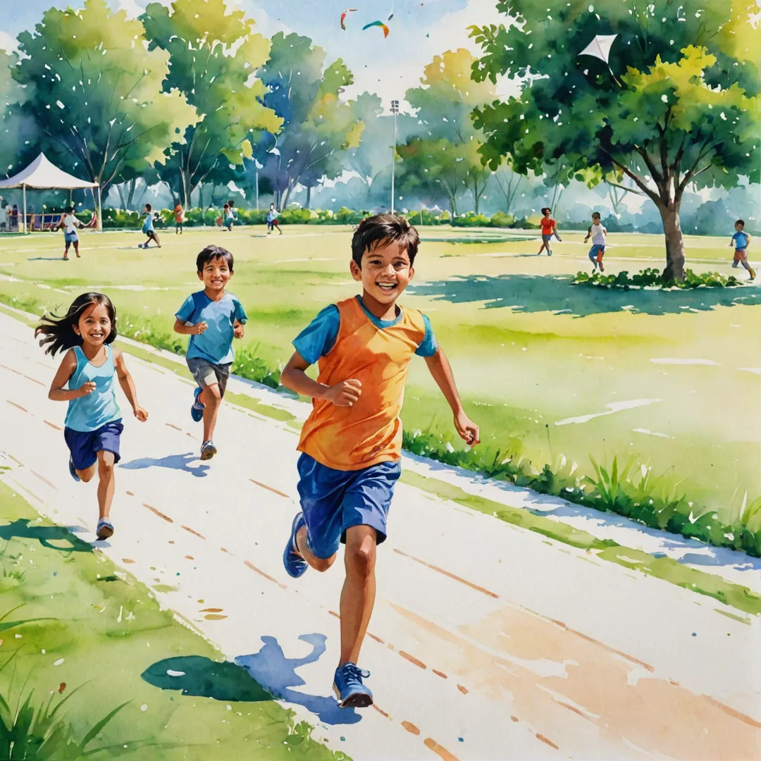 xcited children playing in a lush, green field under the warm sunshine. A colorful kite flies high above them as they run and laugh, their joyous energy filling the air. The background features a picturesque watercolor painting of the Alita community, showcasing its beautifully designed sports complex with cricket pitch, basketball court, badminton court, and running track. A happy father captures the moment on his smartphone while smiling proudly at his children who are living their best lives surrounded by nature and friends.