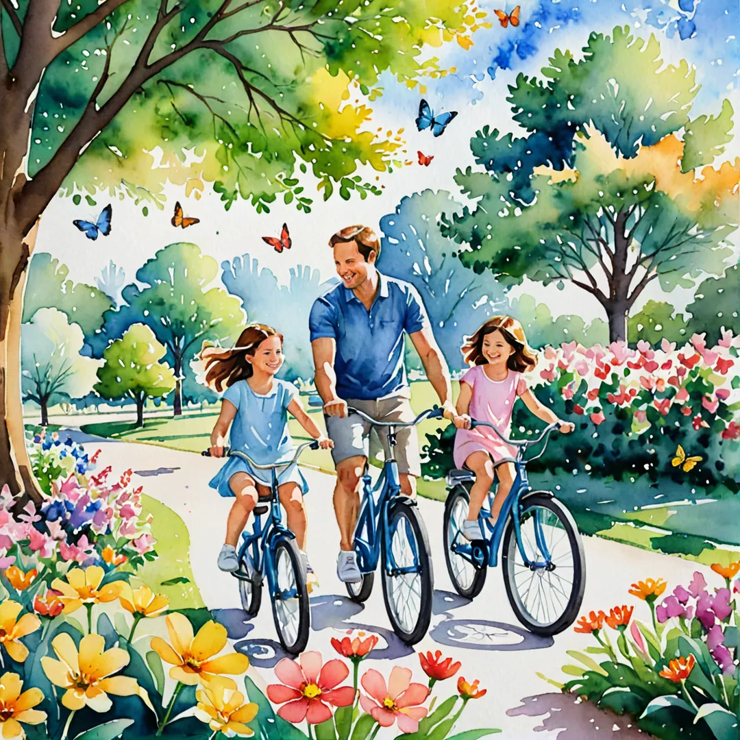 atercolor painting of a family playing in a park, surrounded by colorful flowers and butterflies. The mother is teaching her daughter how to ride a bicycle while the father reads a book under a tree. The scene captures the joy and happiness of their bonding time together, with sunlight streaming through the leaves providing a warm, comforting atmosphere.