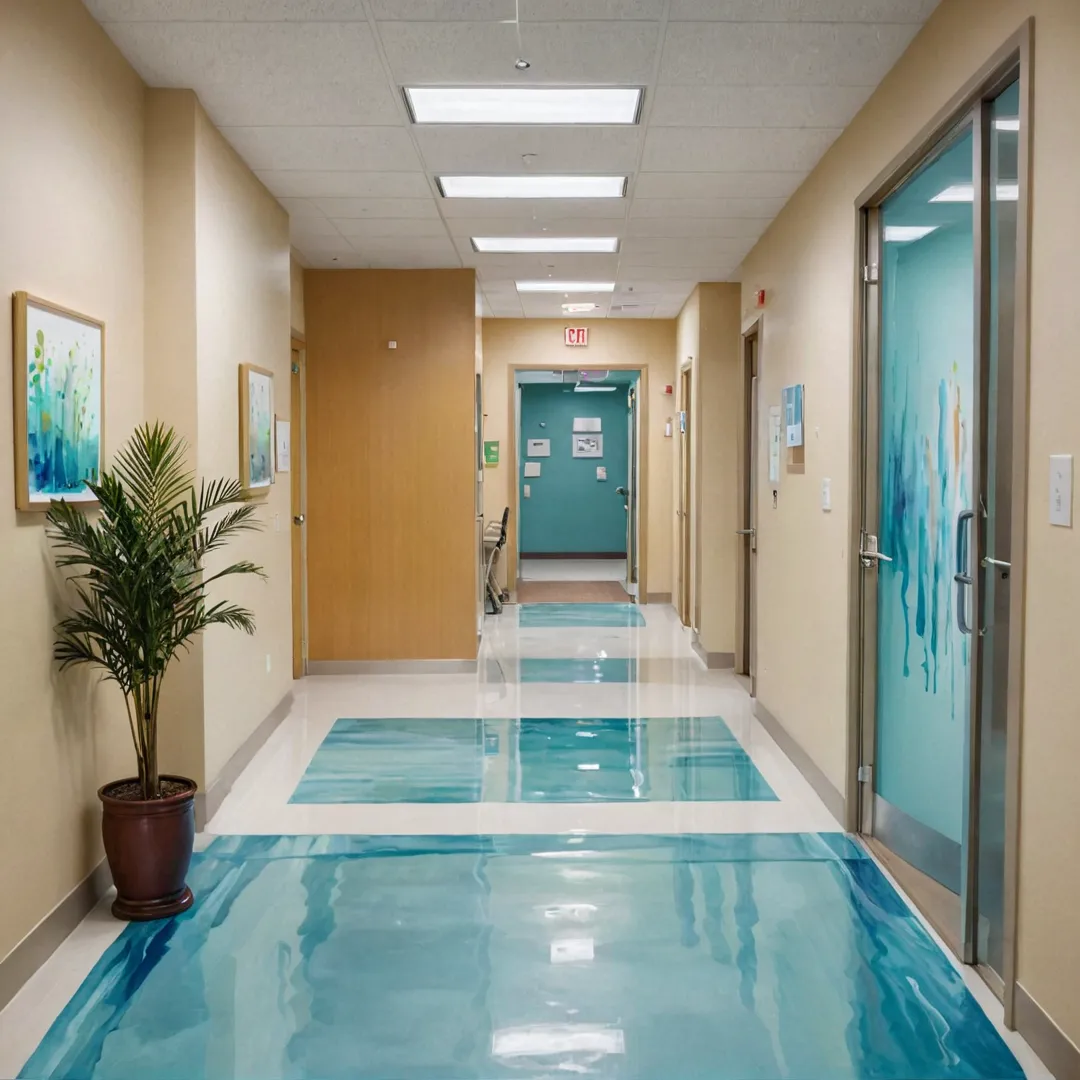 rompt: Healthcare facility entrance, brightly lit, clean, inviting atmosphere, medical staff attending patients