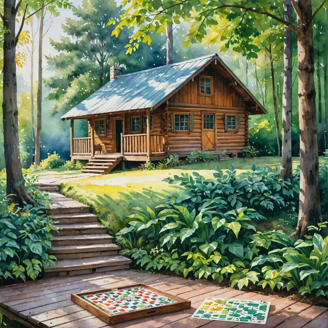 tercolor painting of a cozy outdoor game cabin, surrounded by lush greenery and trees, with bright sunlight streaming through the leaves, showcasing vibrant colors on the wooden floor. The table is set up for a strategic board game, inviting residents to gather and engage in friendly competition under the open sky.