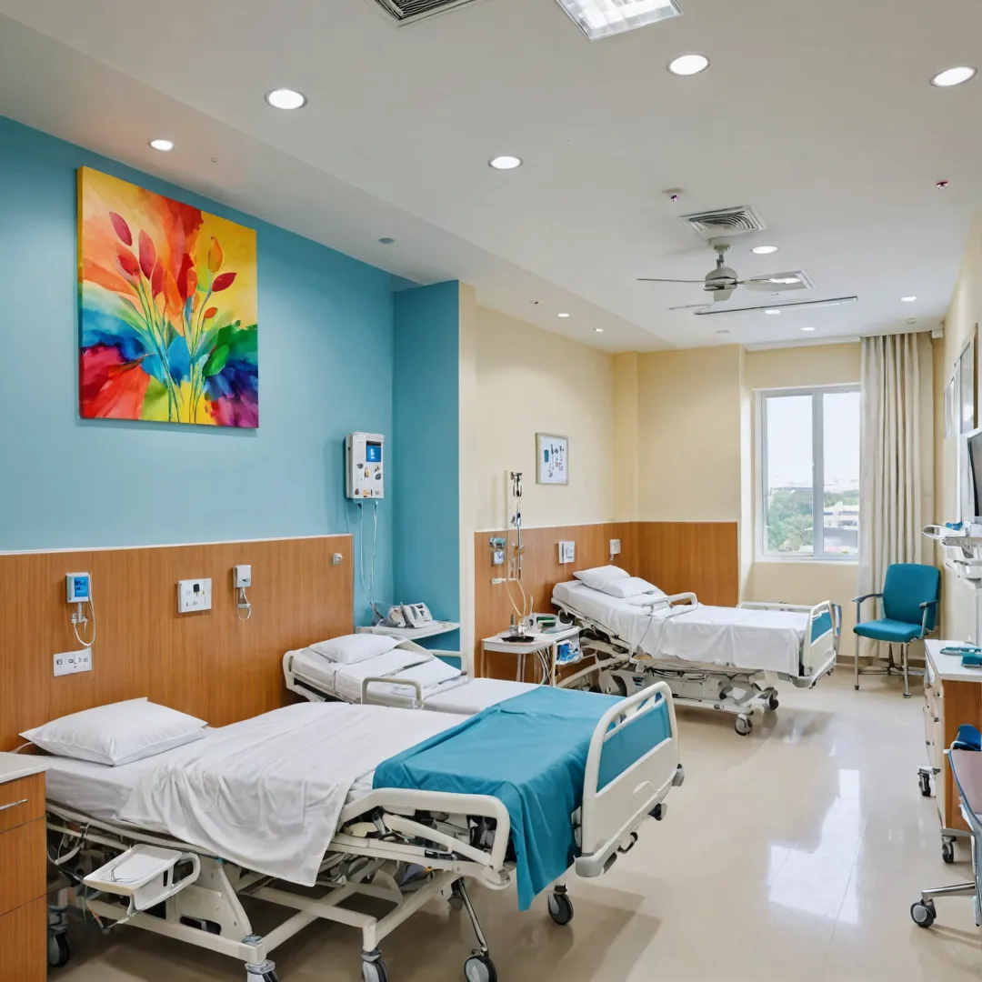 igh-quality hospital interior shot, vibrant colors, modern design, cutting-edge technology, patient room, friendly staff, healthcare professionals, reassuring atmosphere.