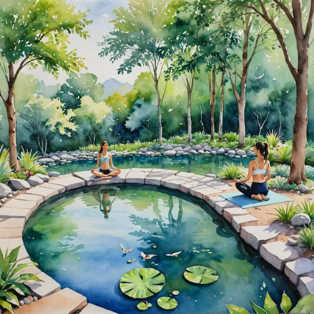 tercolor painting of a serene yoga retreat, featuring lush greenery and a tranquil pond surrounded by stones, with participants engaged in various poses under the shade of trees while birds fly overhead, capturing the essence of holistic wellbeing within Alita's health-focused community.