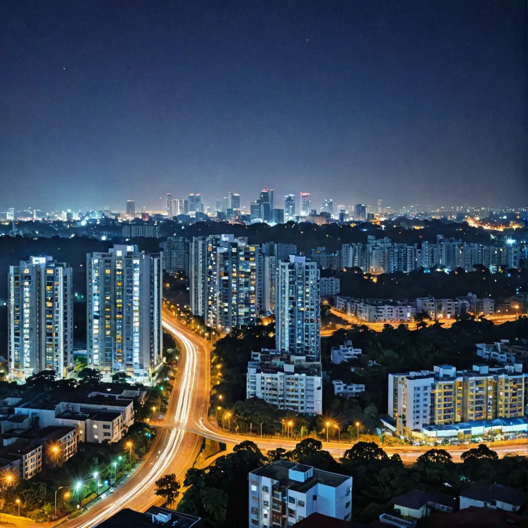 hoto of Bangalore city skyline at night, showcasing Alita apartment complex in the foreground with its strategically situated location near major IT hubs. The image captures the vibrant atmosphere of the bustling tech capital and highlights the sleek modern design of Alita's architecture amidst the bustle.