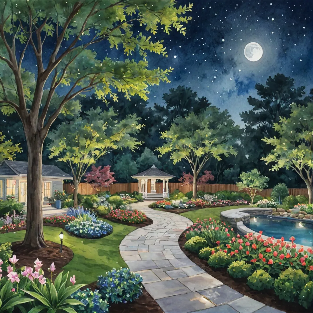 etailed render of a moonlit night sky with a tranquil garden scene in the foreground, featuring strategically placed trees and flowers illuminated by soft lights. The garden pathway is visible, leading to a cozy sitting area underneath a starry canopy. Residents are shown enjoying the peaceful atmosphere, engaging in activities such as stargazing, reading, or meditating.