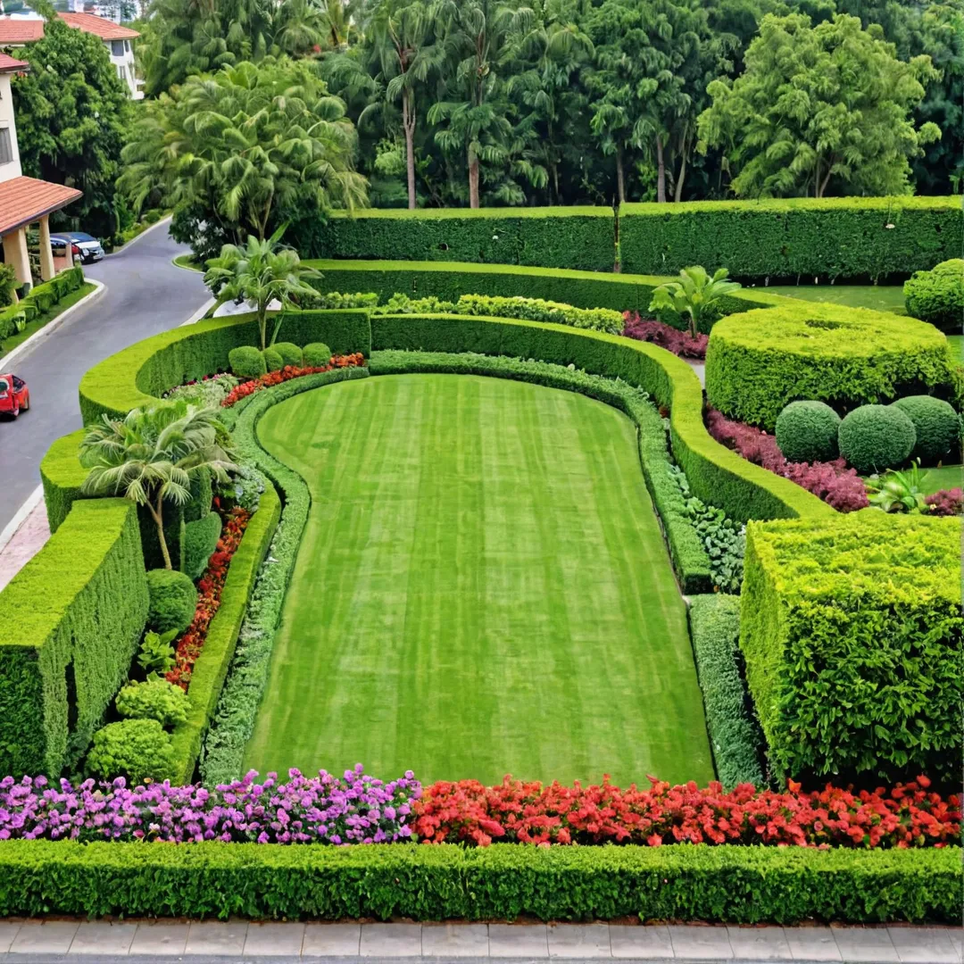 igh-quality image of a luxurious green lawn, with meticulously trimmed hedges and colorful flora. The scene showcases a gated community, where residents can enjoy the tranquility and serenity of nature. In the background, there's a picturesque view of a modern residential complex that seamlessly blends in with its natural surroundings. The image highlights the harmony between urban living and environmental sustainability, portraying a perfect balance for those seeking a healthy and harmonious lifestyle.