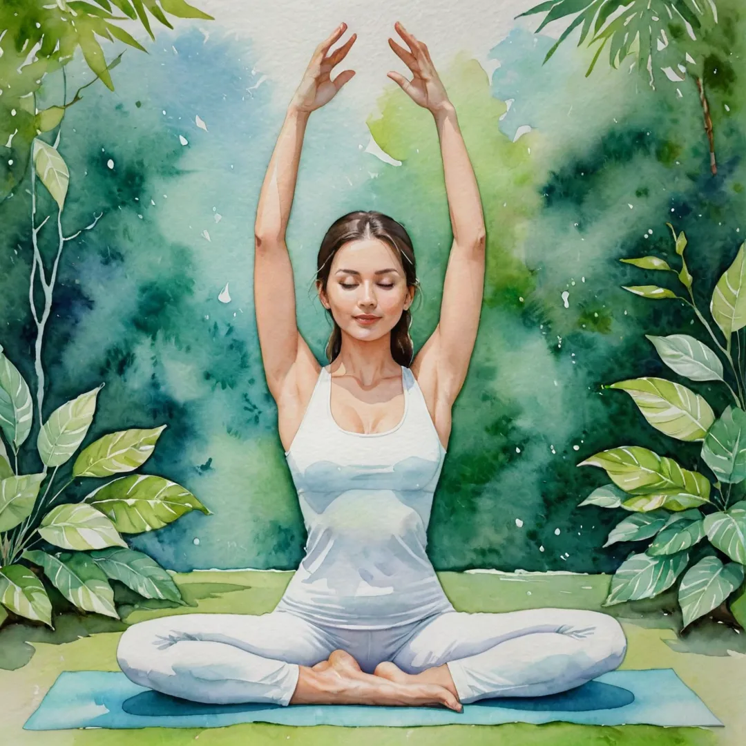 atercolor painting of a woman in a yoga pose, greenery surrounding her, peaceful expression on her face, serenity, harmony, connection with nature.