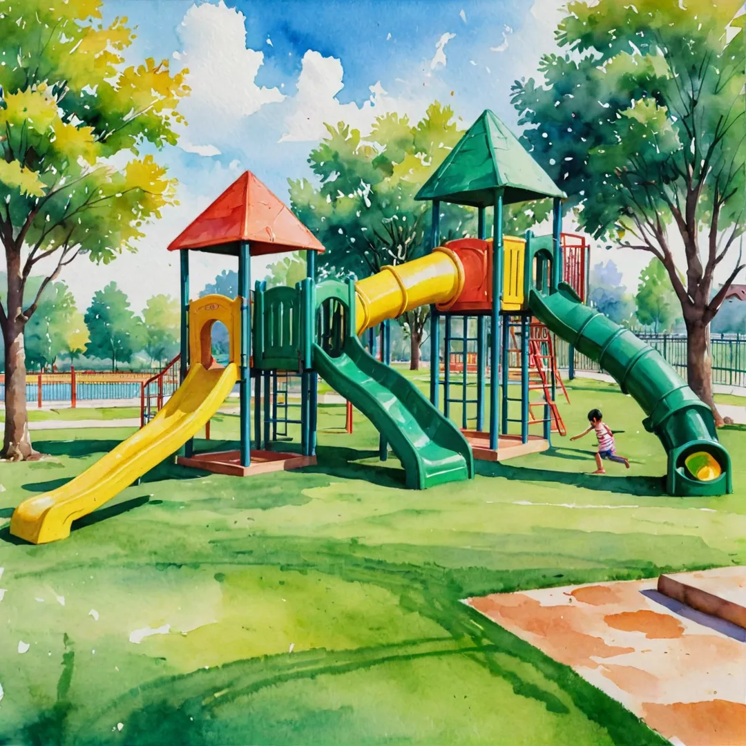 layground equipment, children playing, colorful structures, green grass, sunny day