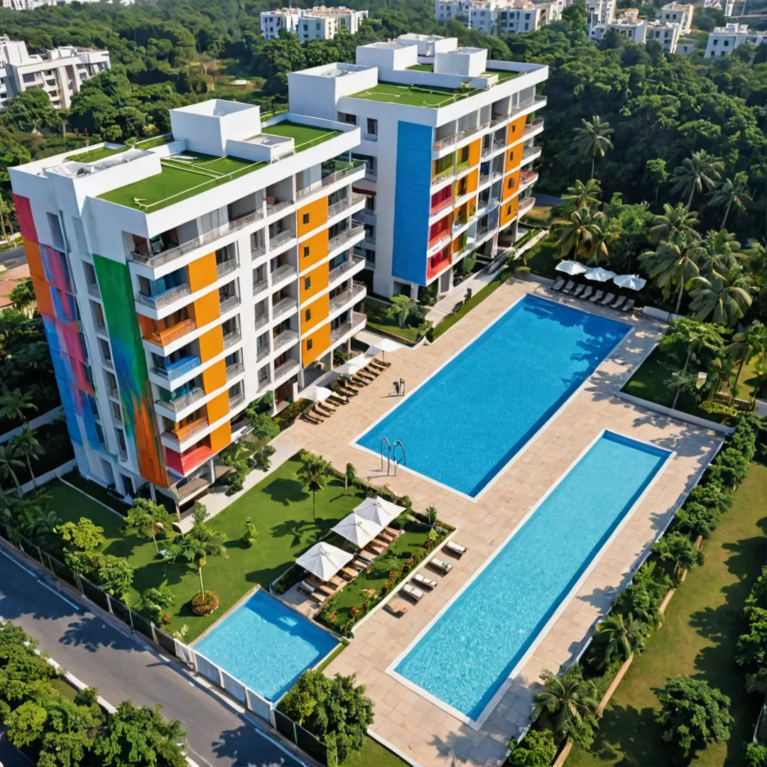 ender of Alita's luxurious residential complex with vibrant colors, showcasing its prime location near ITPL and software parks. Focus on the amenities such as swimming pools, gyms, clubhouses, playgrounds, gardens, walking trails, and sports courts. Capture the essence of modern architecture blending seamlessly with natural surroundings.