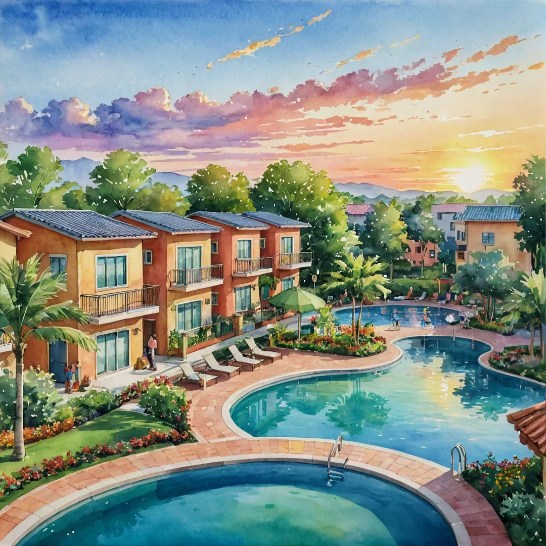 atercolor painting of a serene community with colorful houses, lush greenery, and a sparkling pool surrounded by people enjoying their leisure time. In the background, there are tech parks in different stages of development, showcasing the seamless integration of work and play in Alita. The sky is painted with warm sunset hues, adding an inviting atmosphere to the scene.