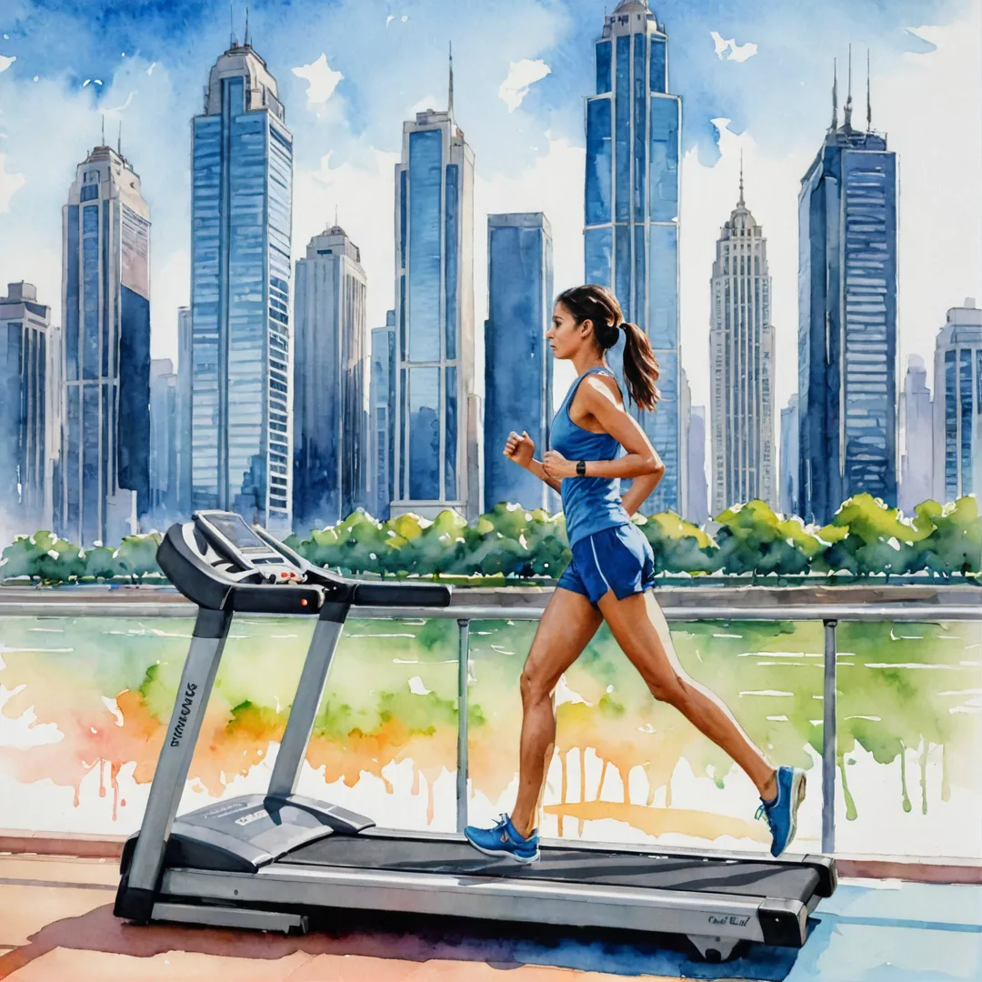 erson using treadmill, gym, fitness center, urban landscape, modern city, skyscrapers, outdoor running track, healthy lifestyle, active living