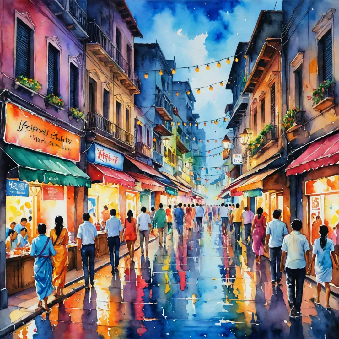 ibrant nightlife scene, colorful lights, bustling crowds, street performers, diverse cuisine, cultural experiences, watercolor painting style