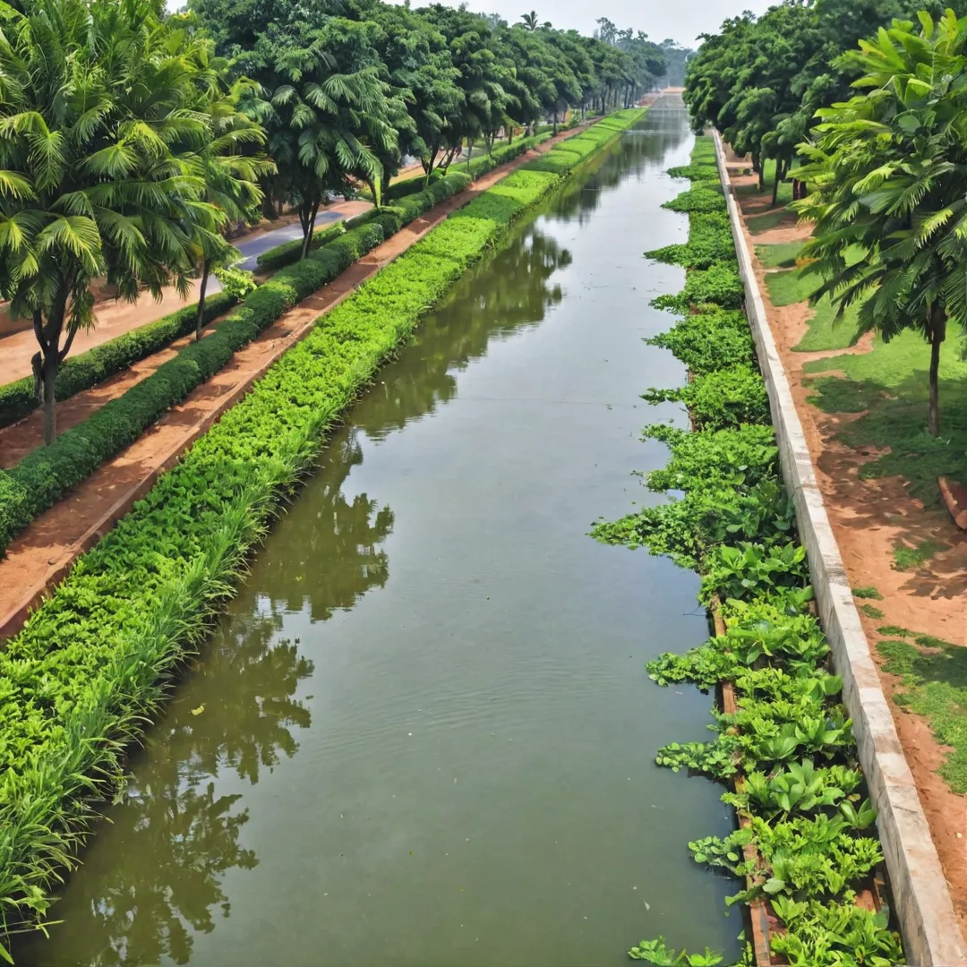  vibrant, eco-conscious community in Bangalore East with close proximity to rajakaluve canals. The image features lush greenery and sustainable urban development, showcasing rainwater harvesting systems and a harmonious blend of nature and modern living. Highlights include the strategic placement of harvesting pits, ample tree coverage, and an ideal distance from rajakaluve canals for environmental preservation. The image evokes a sense of responsibility towards the environment while promoting a high quality of life.