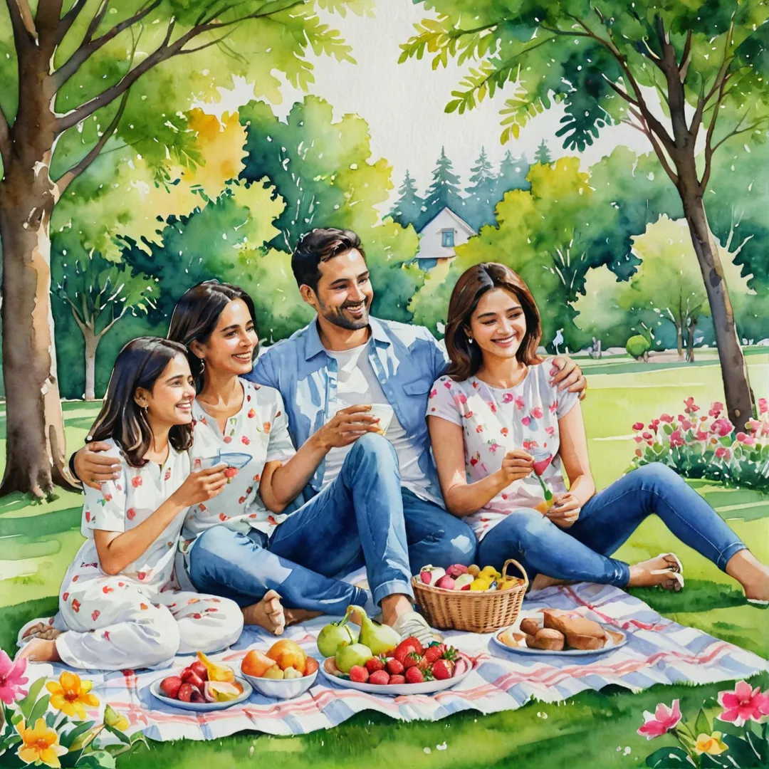 olorful watercolor painting of a family spending quality time together in the park, enjoying picnic on a lush green lawn, smiling and laughing under the shade of trees, surrounded by vibrant flowers, as they celebrate their love for each other and their new home at Alita.