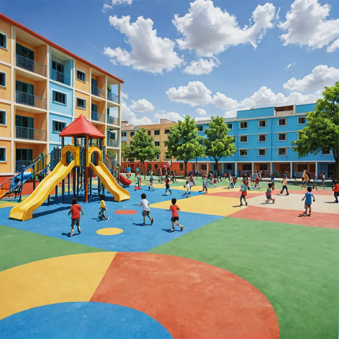 igh-resolution image of a colorful, lively playground with children playing various games and activities in the background. The playground should be situated near a modern school building with classrooms visible through its windows. The sky above should be blue and cloudless, creating an atmosphere of warmth and serenity.