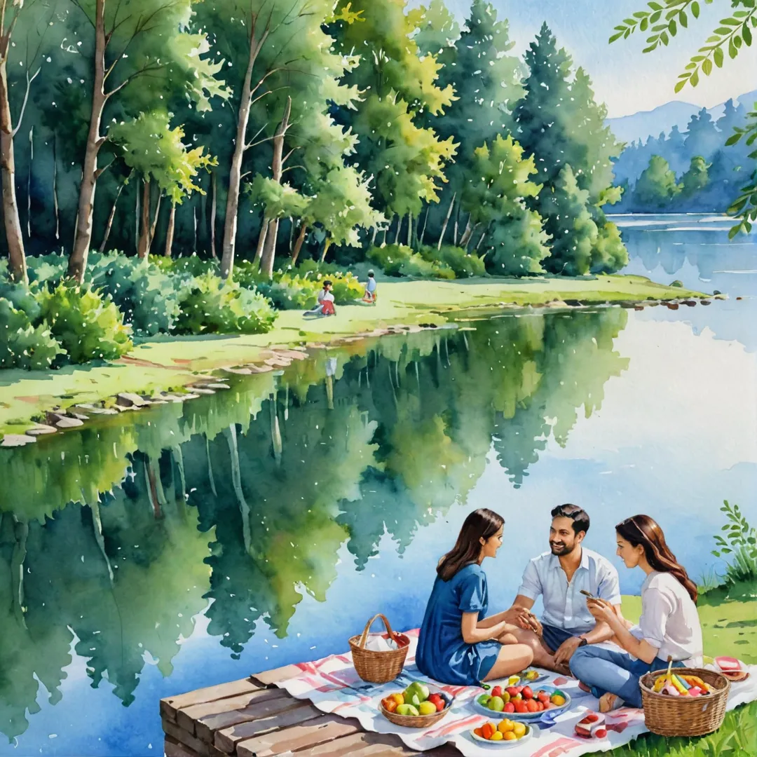 amily picnicking by a serene lake surrounded by lush greenery, watercolor painting.